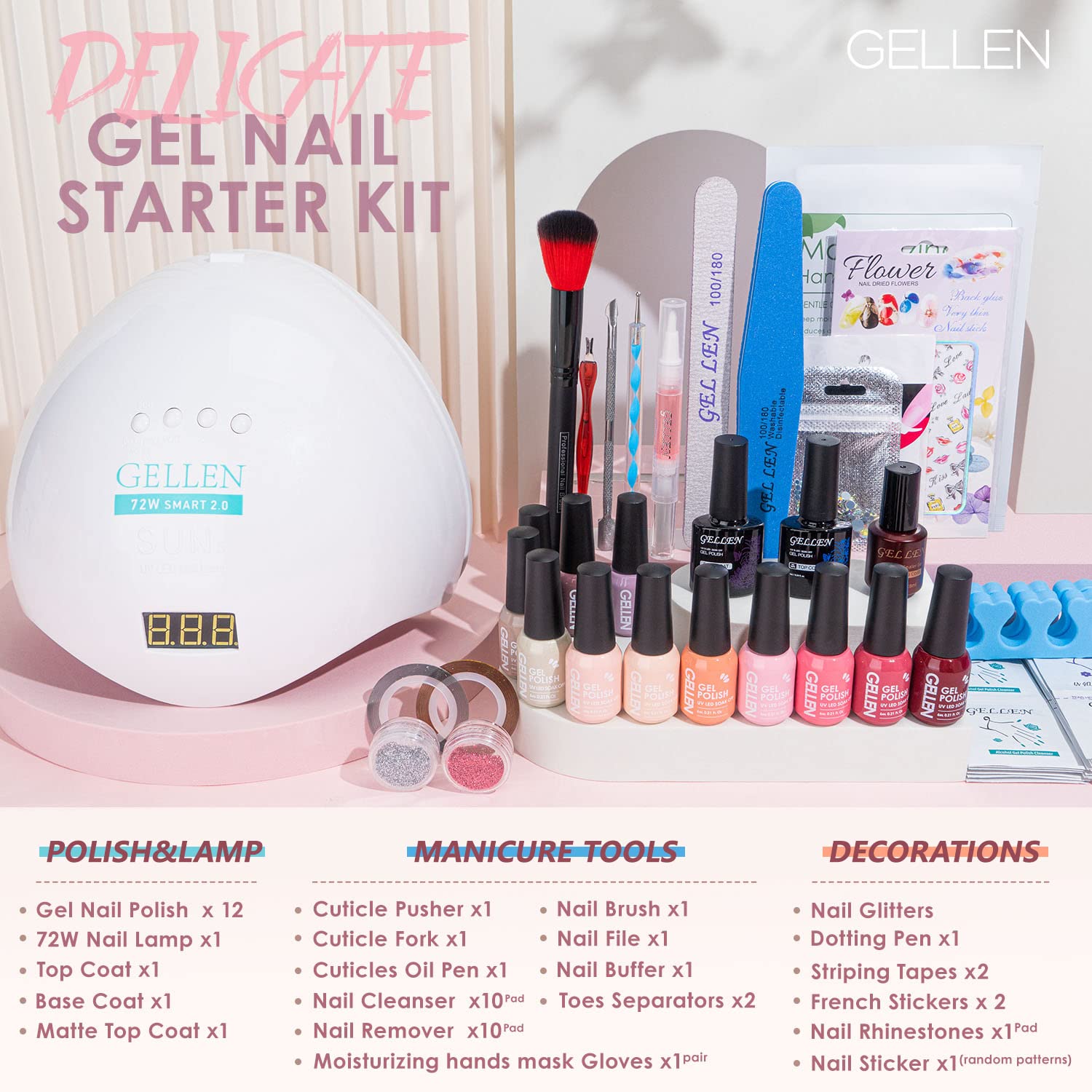 GELLEN Gel Nail Polish Kit with 72W UV LED Lamp – 12 Colors, No-Wipe Base/Top Coat, All-In-One Manicure