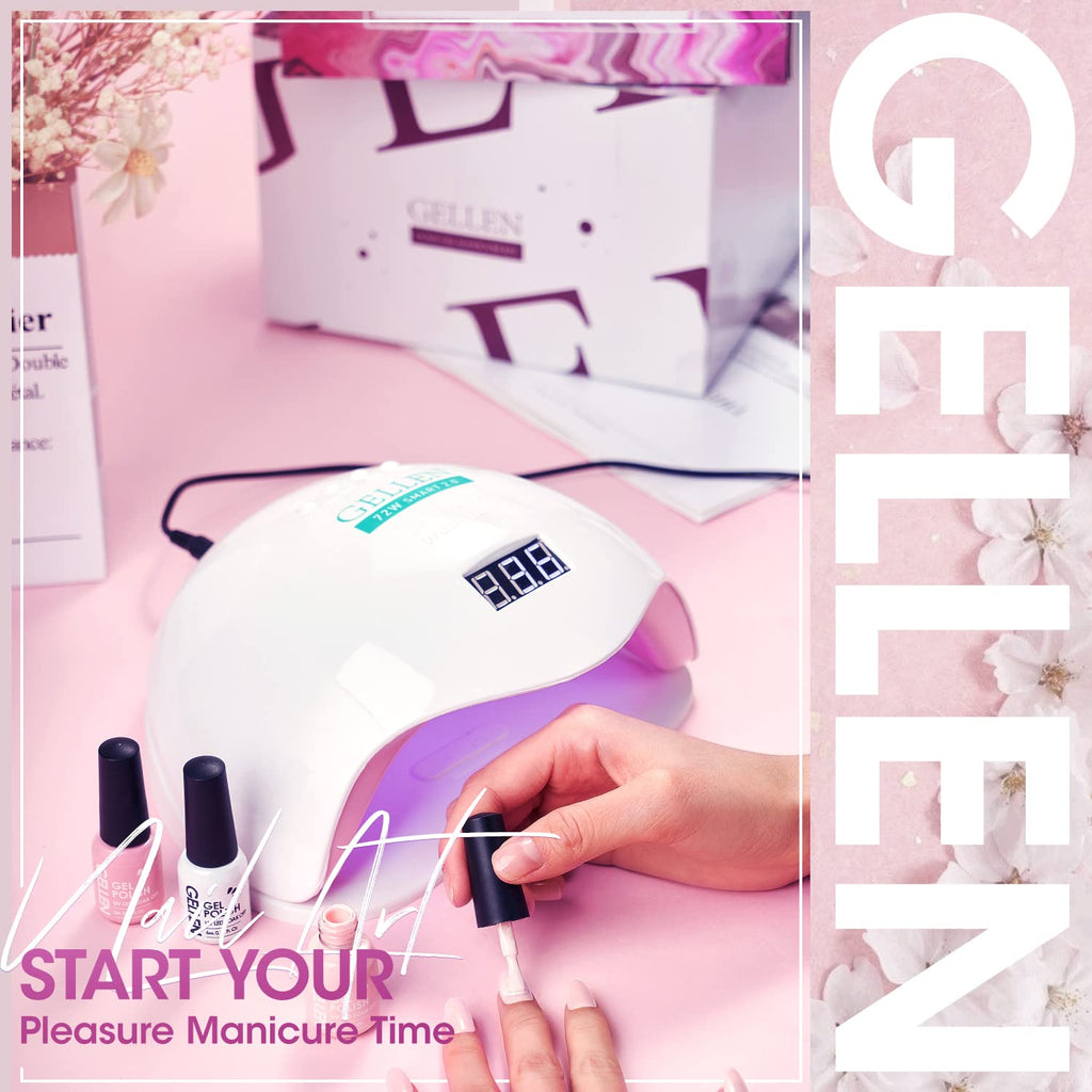 GELLEN Gel Nail Polish Kit with 72W UV LED Lamp – 12 Colors, No-Wipe Base/Top Coat, All-In-One Manicure