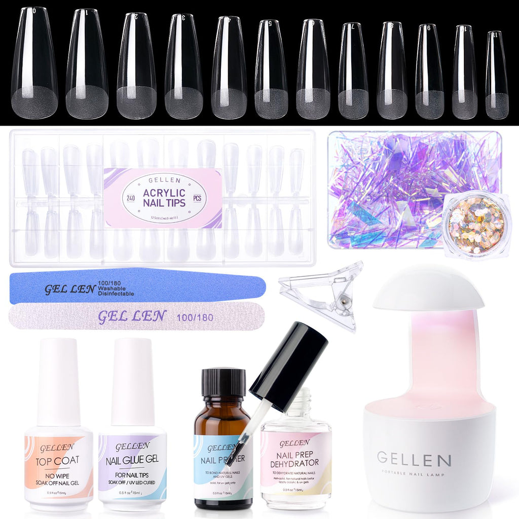 GELLEN Gel Nail Kit Coffin 240pcs – All-In-One DIY Nail Extension Set with UV Lamp
