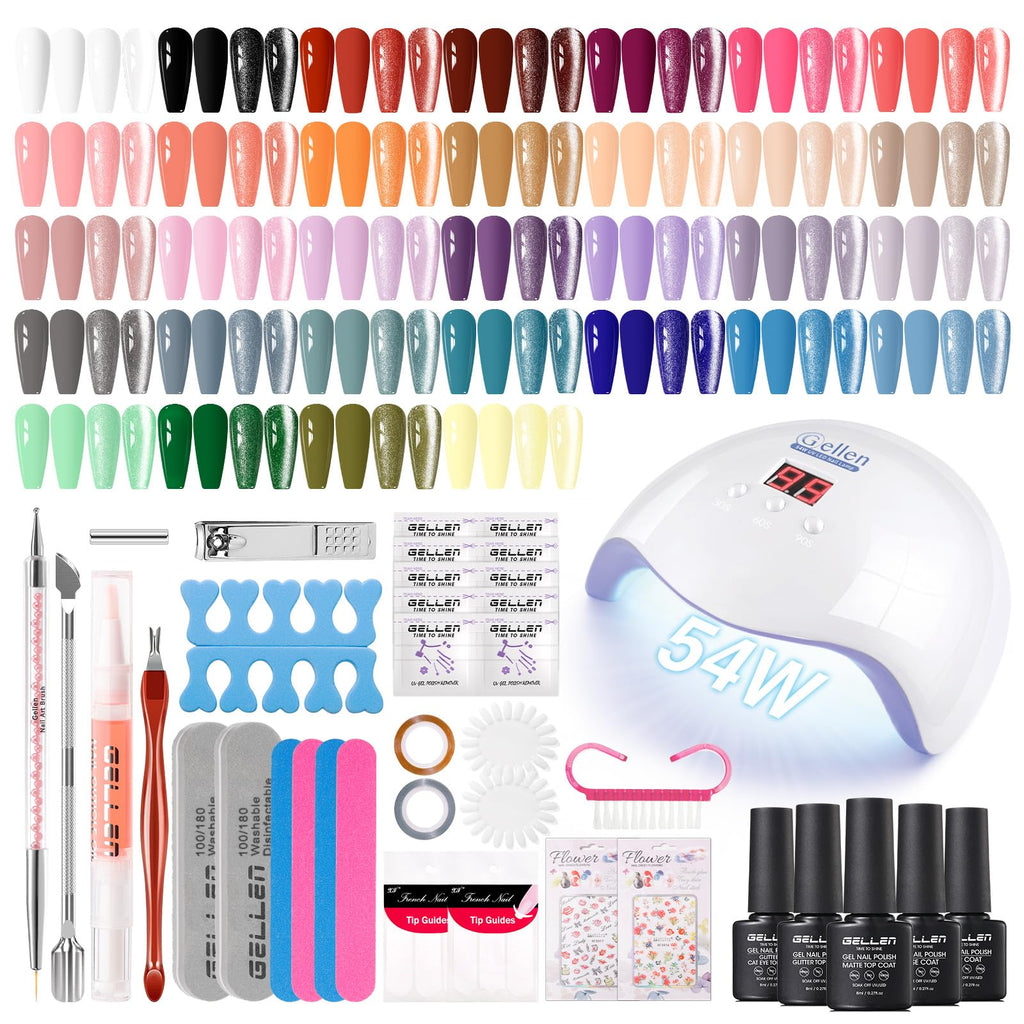 GELLEN 71-Piece Gel Nail Kit with 54W UV/LED Lamp — 32 Colors, Base & Top Coats, Home Salon Pro Set