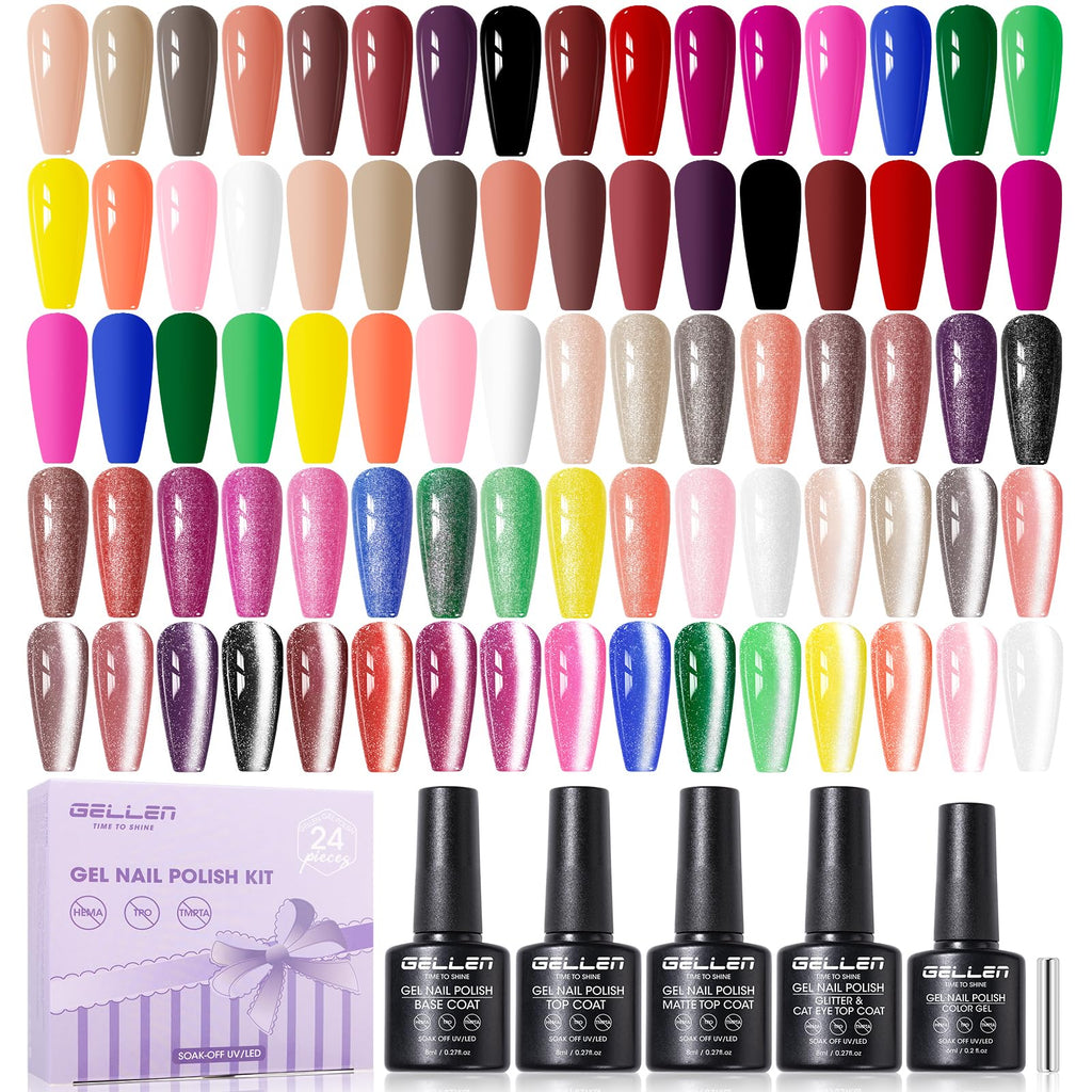 GELLEN 24-Piece Gel Nail Polish Set – 20 Colors + Base/Top Coats & Cat-Eye Top Coat