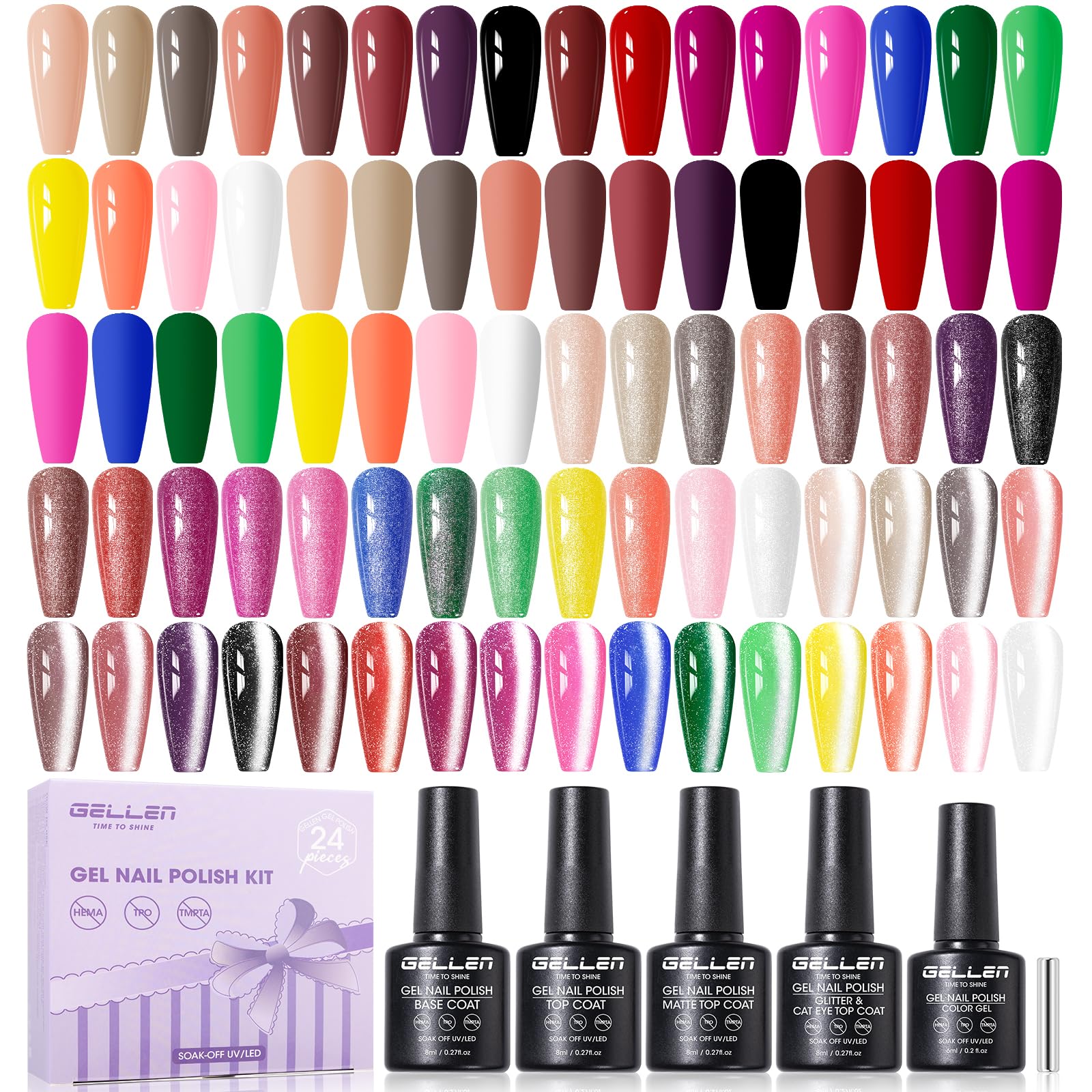 GELLEN 24-Piece Gel Nail Polish Set – 20 Colors + Base/Top Coats & Cat-Eye Top Coat