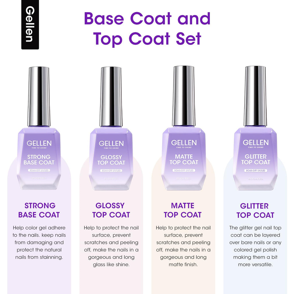 GELLEN Gel Base Coat & Top Coat Set – 4x18ml, Matte/Glossy/Glitter Top Coats for Soak-Off Gel Nails