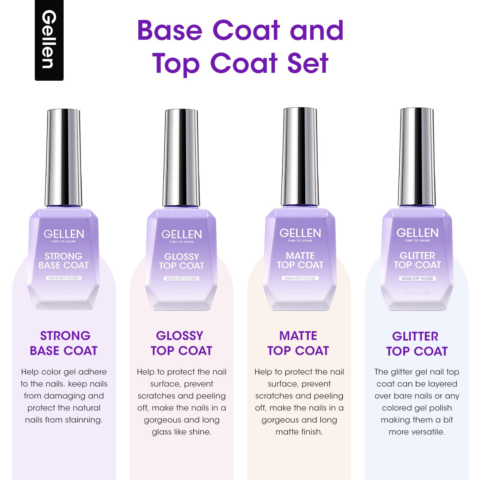GELLEN Gel Base Coat & Top Coat Set – 4x18ml, Matte/Glossy/Glitter Top Coats for Soak-Off Gel Nails