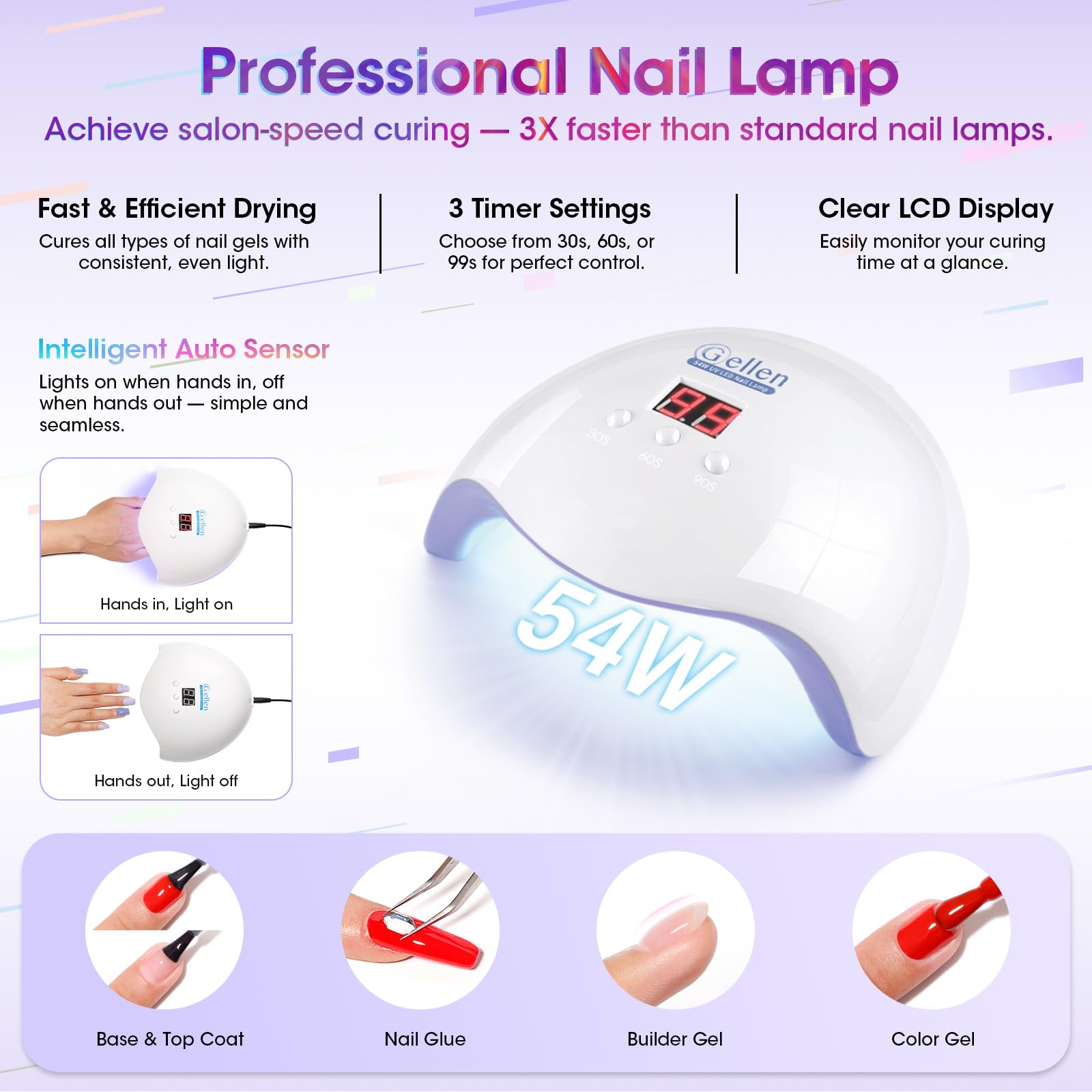 GELLEN 71-Piece Gel Nail Kit with 54W UV/LED Lamp — 32 Colors, Base & Top Coats, Home Salon Pro Set