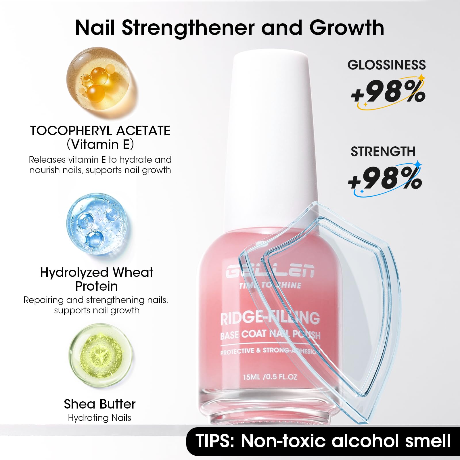 GELLEN Clear Nail Polish Ridge Filling Base Coat – Sheer Milky Pink, HEMA/TPO Free, Nourishing Ridge Filler