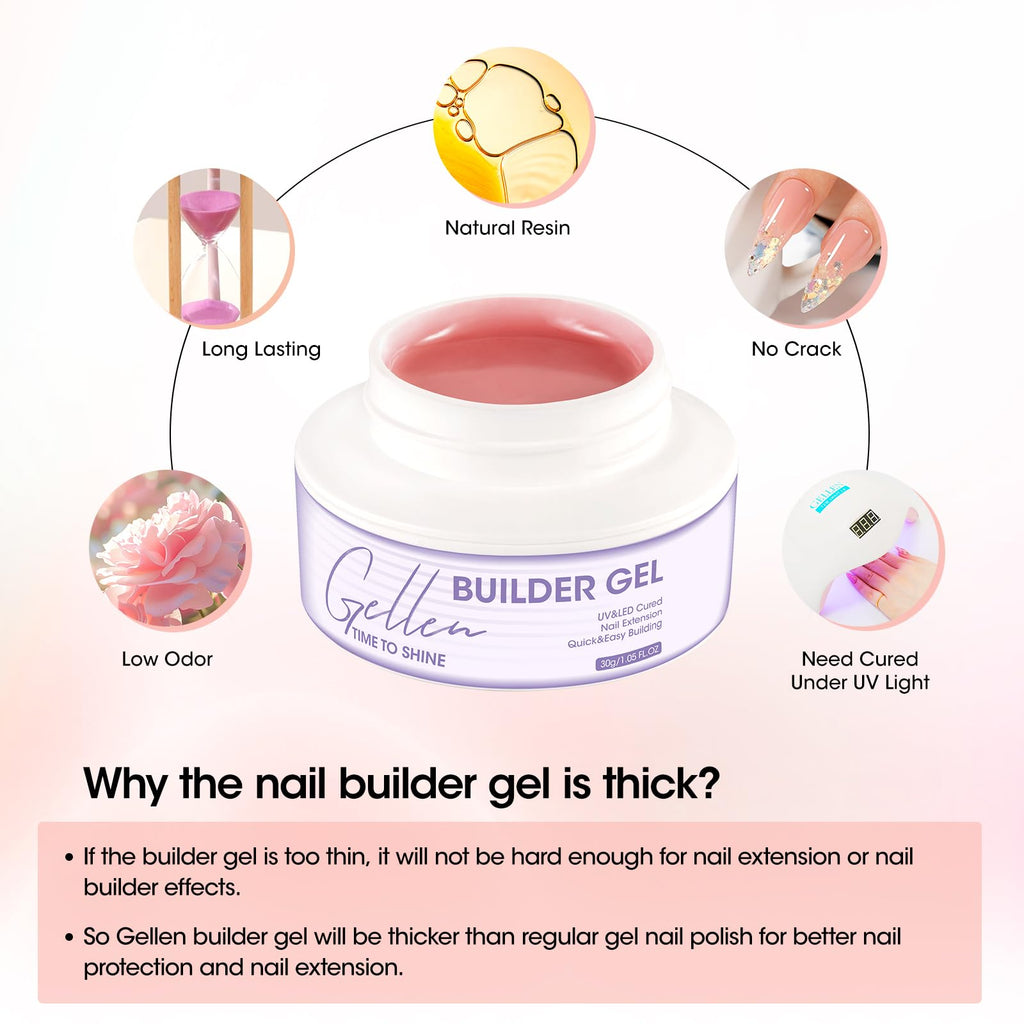 GELLEN Builder Gel Nude Pink – UV/LED Hard Gel for Nails Extensions & Overlays (30g) + 20 Nail Forms