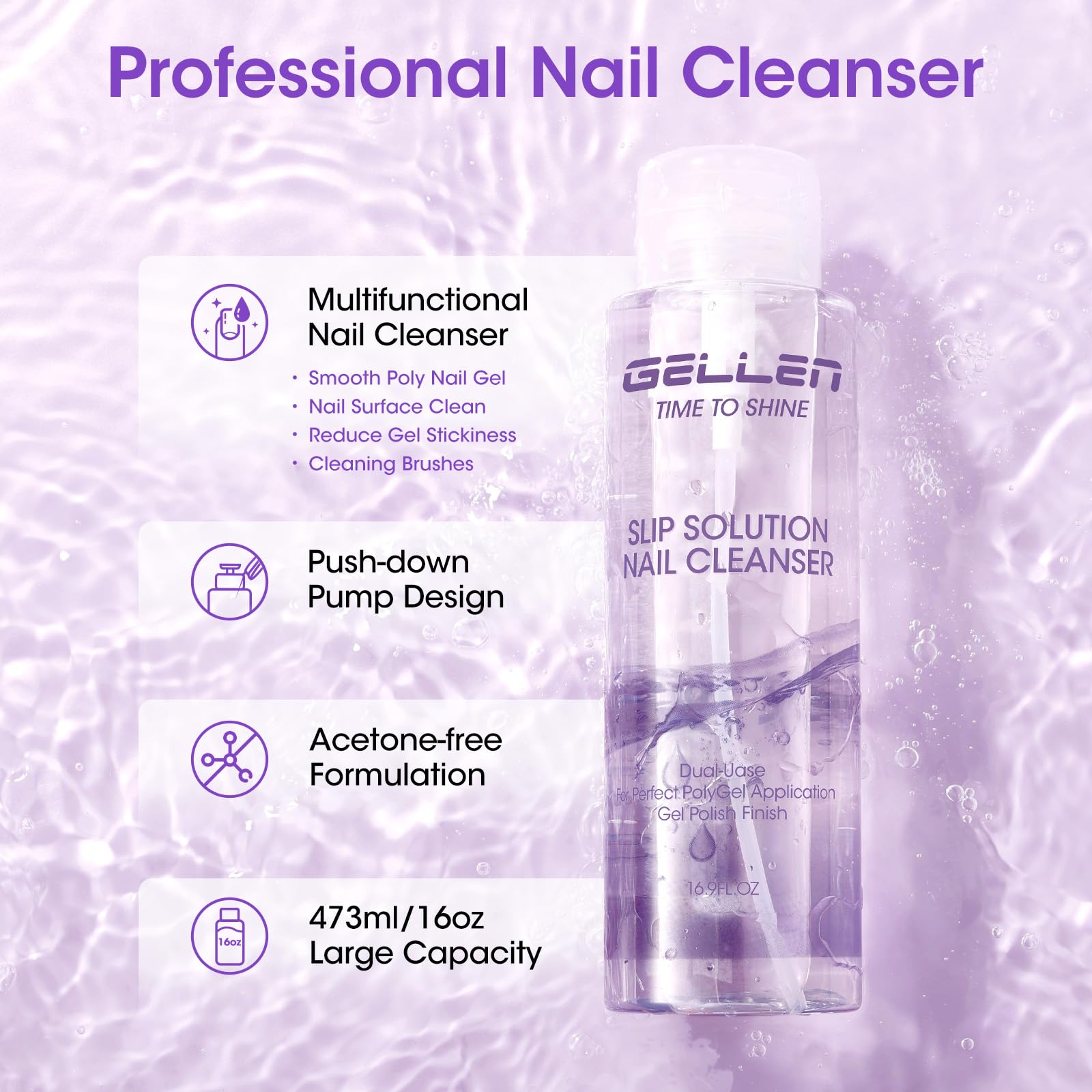 GELLEN 16oz Multi-Purpose Nail Cleanser – Pump Bottle for Nail Prep, Residue Removal & High Shine