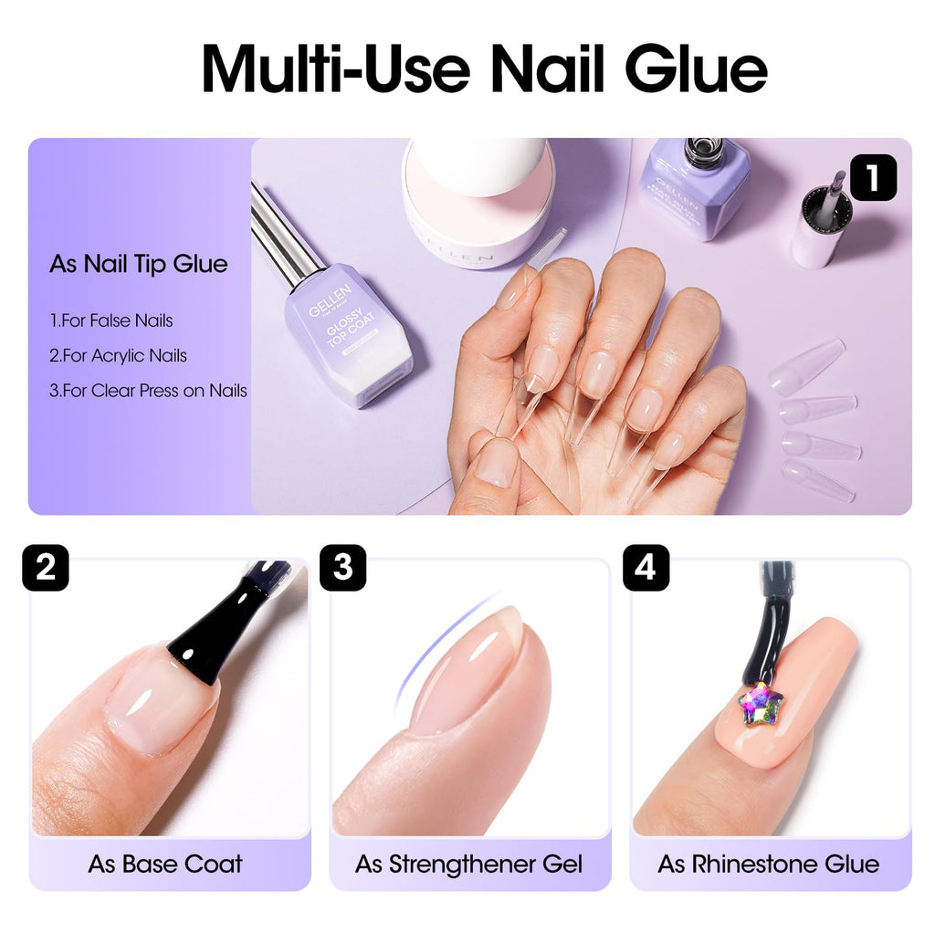 GELLEN 2 Pcs Gel Nail Glue – 4 in 1 UV Extension Glue for Tips, Base Coat & Rhinestones