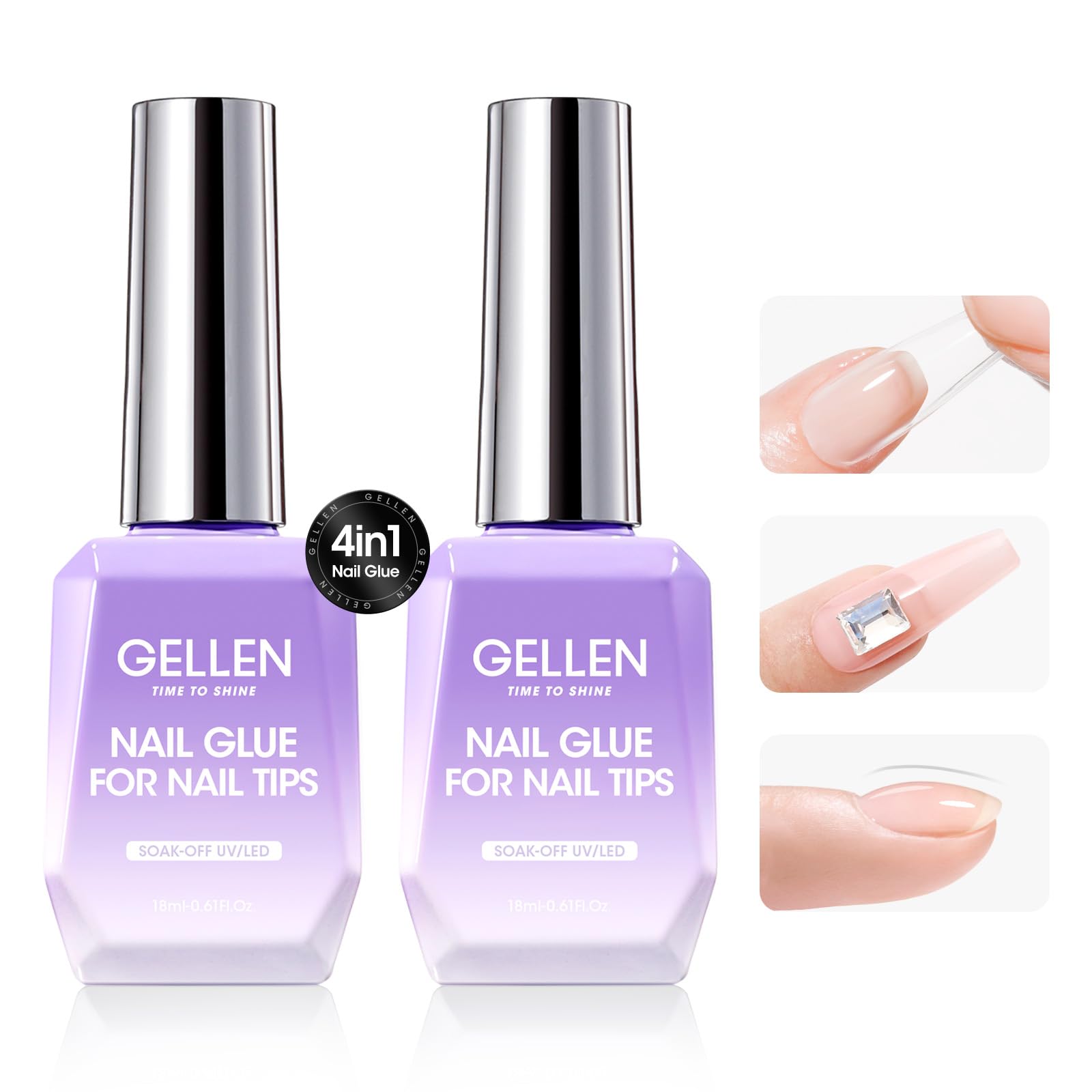 GELLEN 2 Pcs Gel Nail Glue – 4 in 1 UV Extension Glue for Tips, Base Coat & Rhinestones