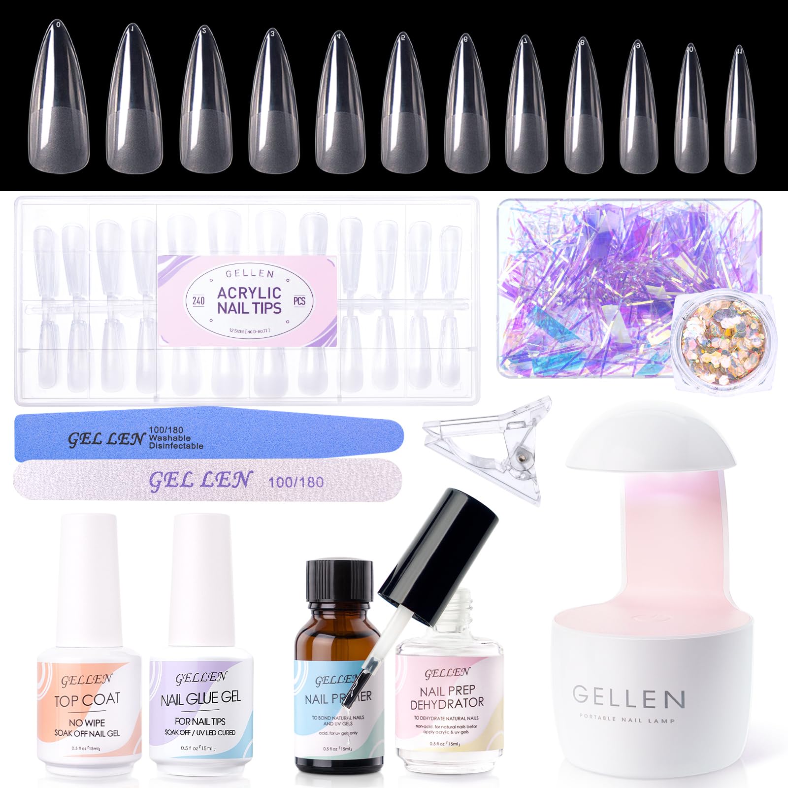 GELLEN Gel Nail Kit – 240 Tips, 12 Sizes, Stiletto/Almond, UV Lamp, Glue Gel