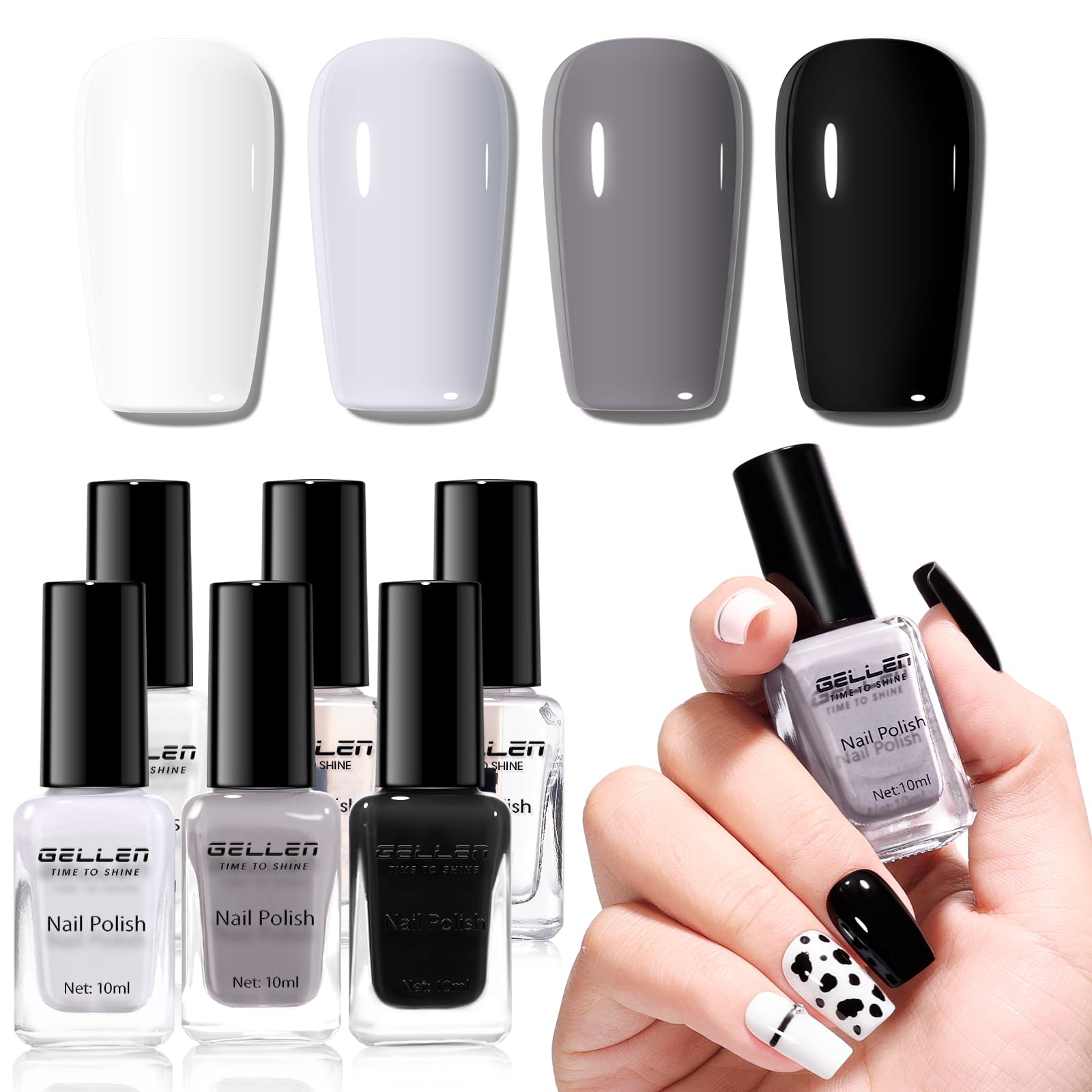 GELLEN Black White Gray Nail Polish 4-Color Set + Base & Top Coat – Quick Dry, HEMA Free, Toxin Free