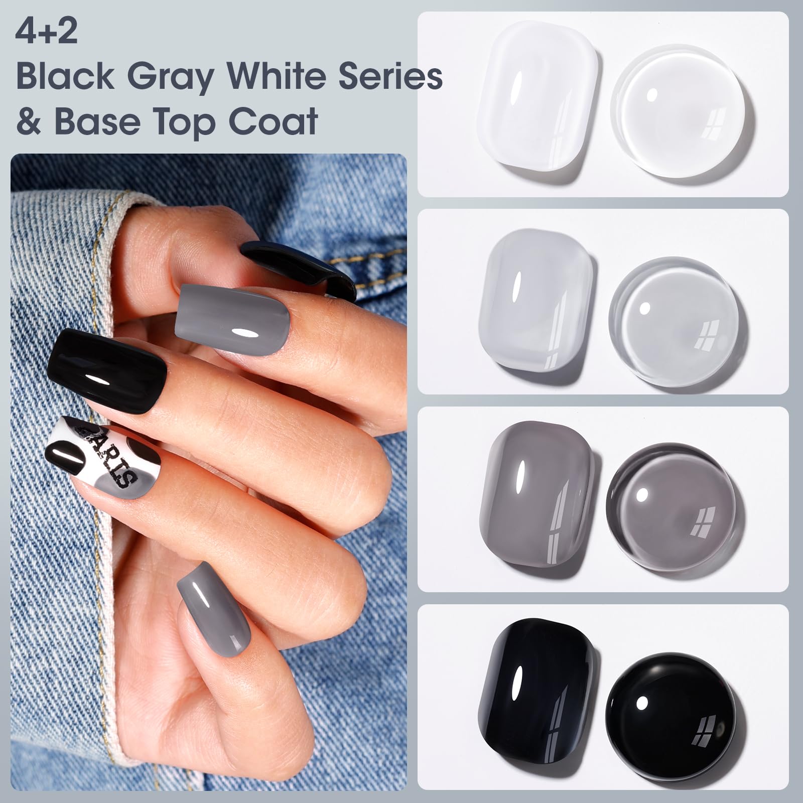 GELLEN Black White Gray Nail Polish 4-Color Set + Base & Top Coat – Quick Dry, HEMA Free, Toxin Free