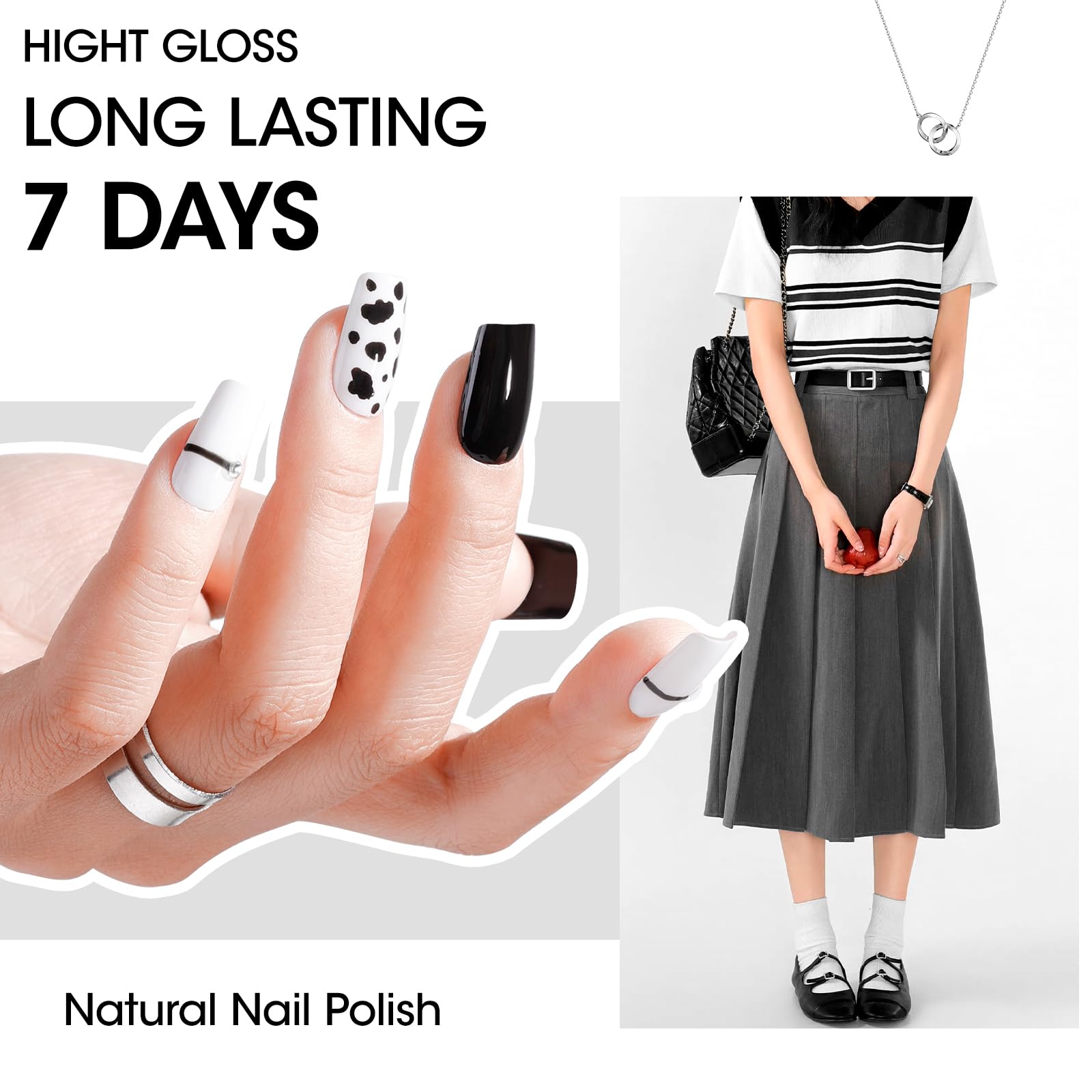 GELLEN Black White Gray Nail Polish 4-Color Set + Base & Top Coat – Quick Dry, HEMA Free, Toxin Free