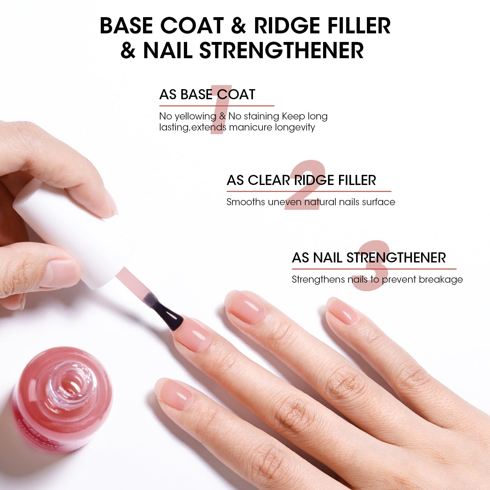 GELLEN Clear Ridge-Filling Base Coat – Sheer Pink Tint, Nourishing Protein & Shea Butter