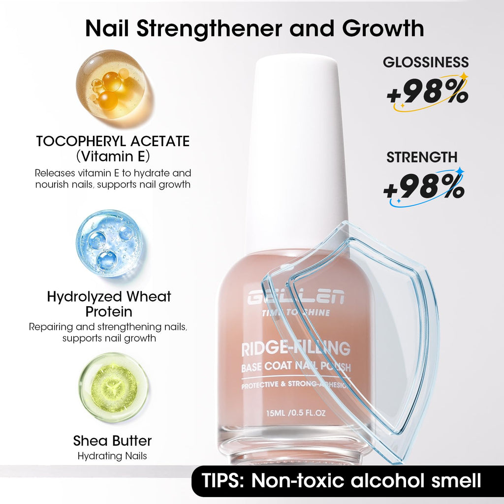 GELLEN Clear Ridge Filling Base Coat — Sheer Nude Tint, Strengthen & Nourish Nails