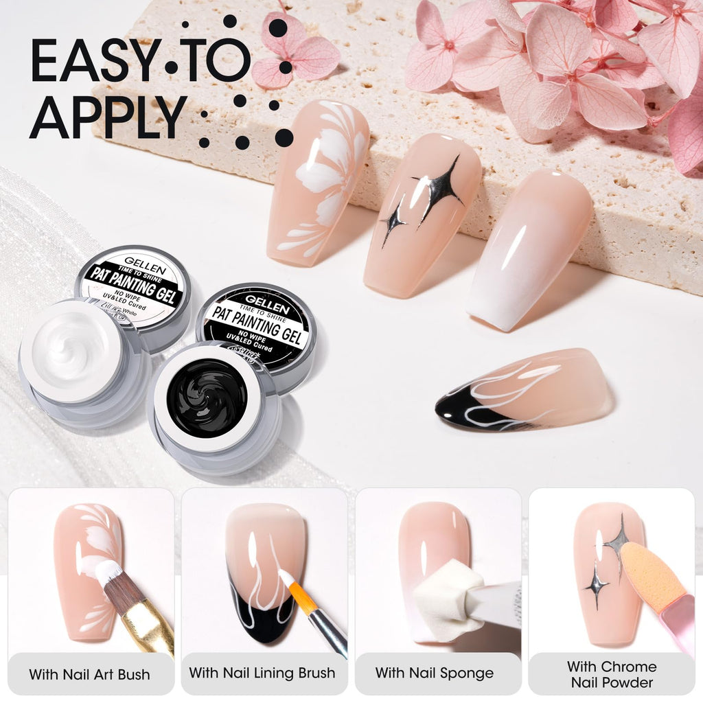 GELLEN Nail Painting Gel 2Pcs 8g – Black & White No-Wipe Nail Art Gel for Liner, Florals & French
