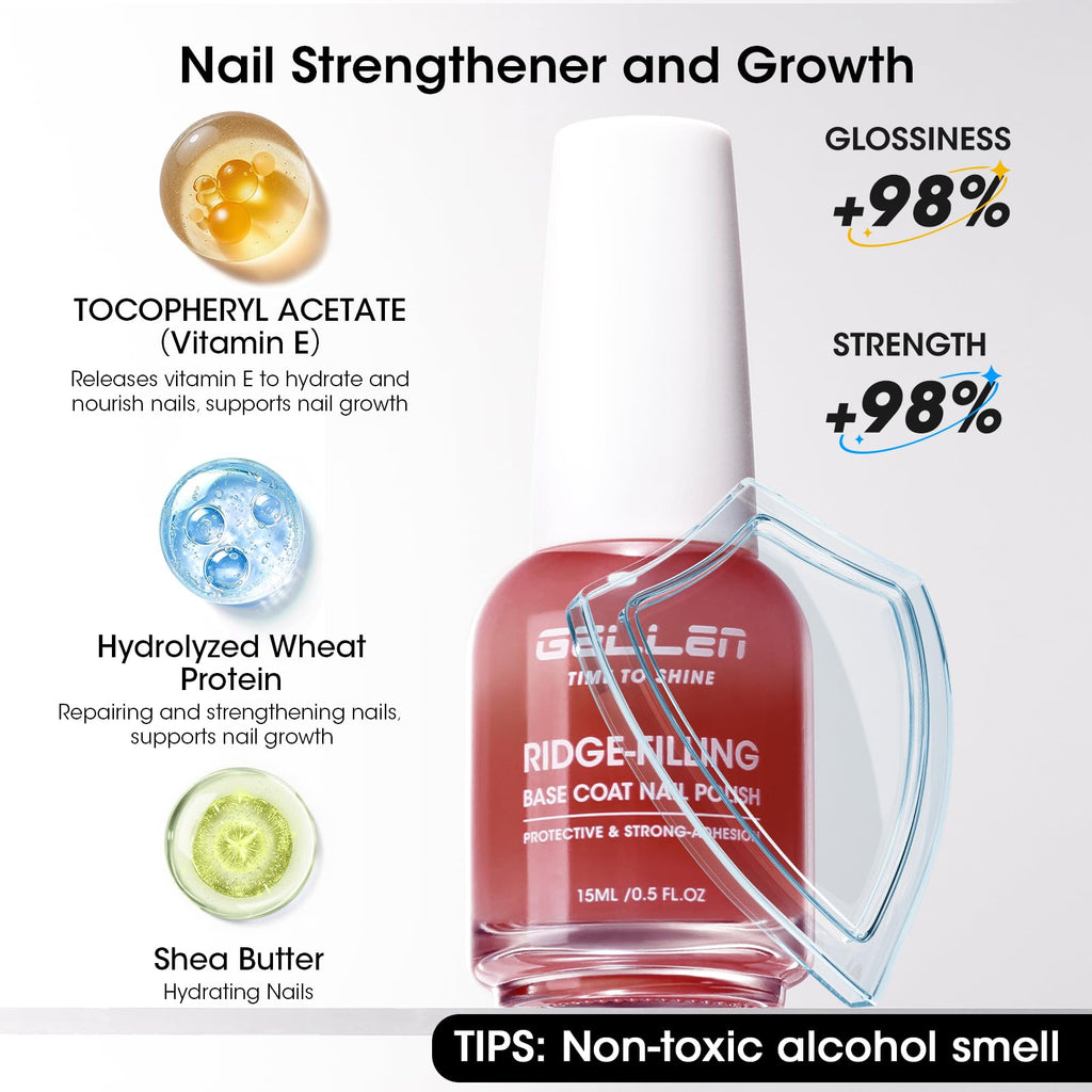 GELLEN Clear Ridge-Filling Base Coat – Sheer Pink Tint, Nourishing Protein & Shea Butter