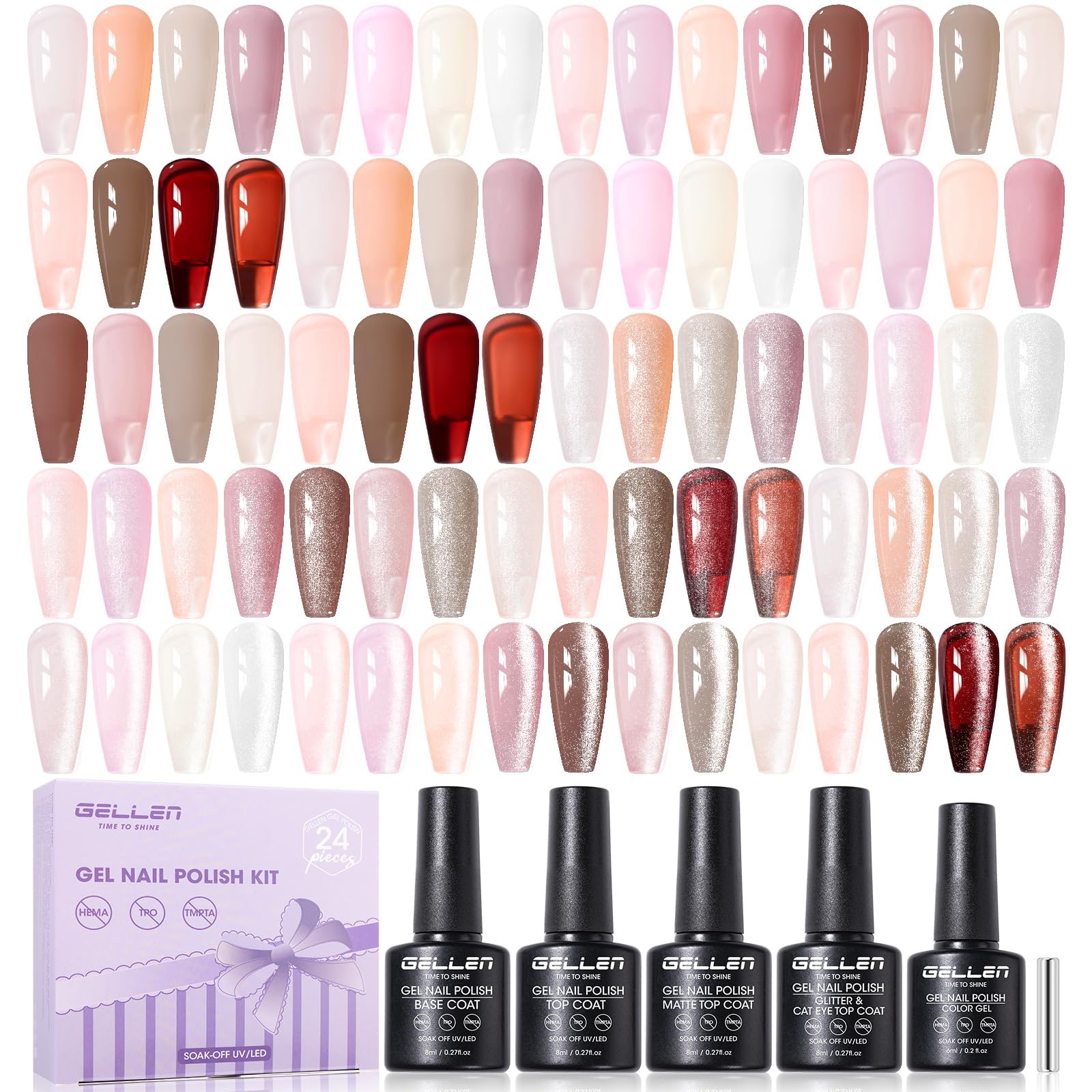 GELLEN Nude Gel Nail Polish Set – 20 Colors with Cat-Eye Top Coat & 3-Free Formula