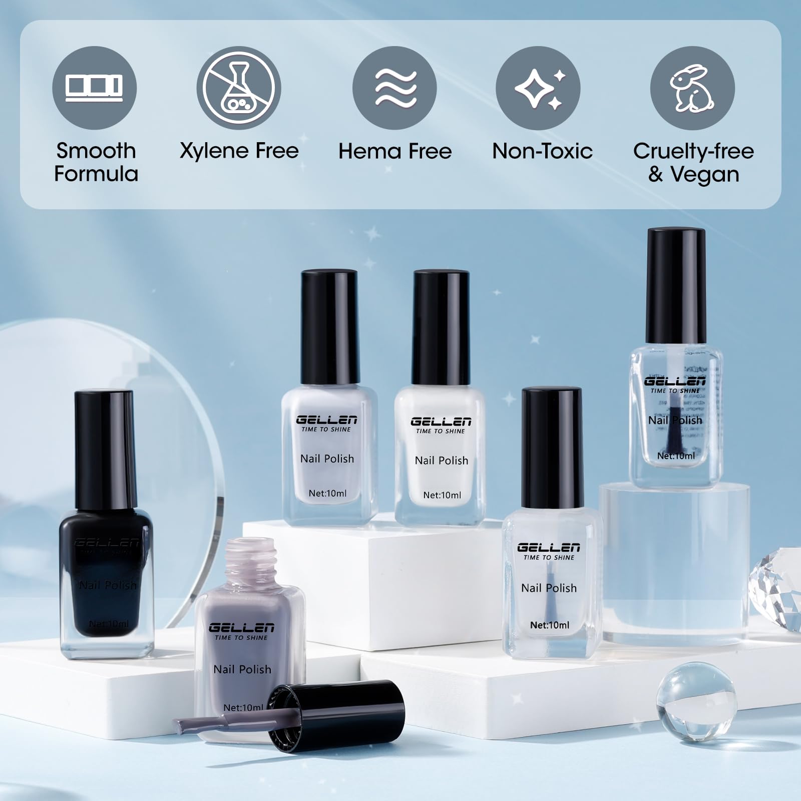 GELLEN Black White Gray Nail Polish 4-Color Set + Base & Top Coat – Quick Dry, HEMA Free, Toxin Free