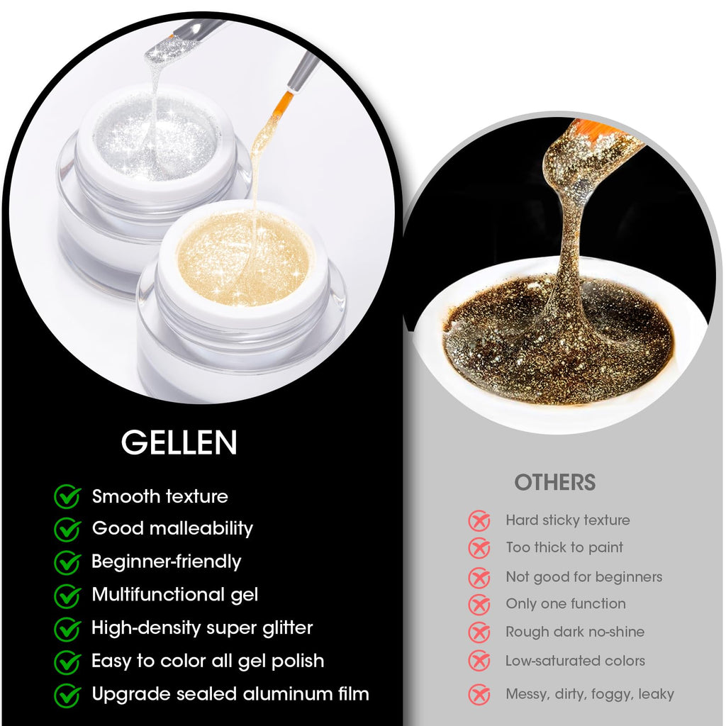 GELLEN Painting Gel for Nails – Champagne Gold & Sparkling Silver, HEMA-Free, UV/LED Cured