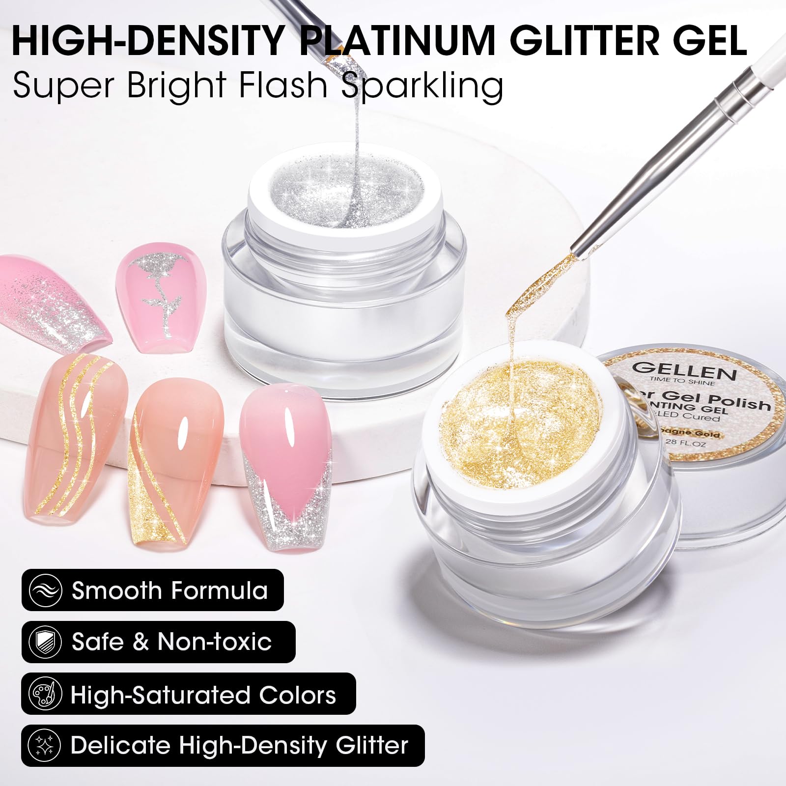 GELLEN Painting Gel for Nails – Champagne Gold & Sparkling Silver, HEMA-Free, UV/LED Cured