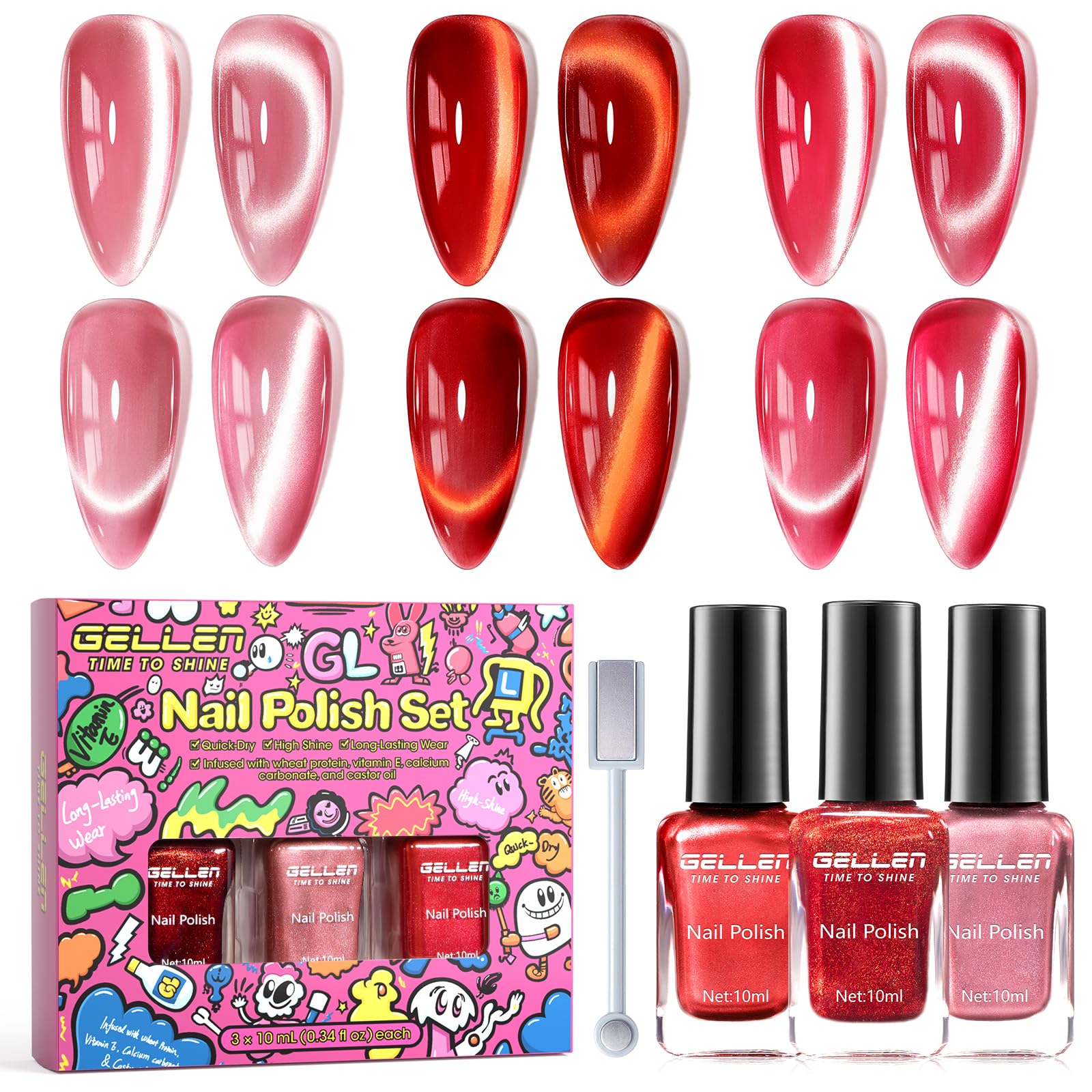 GELLEN Quick Dry Cat Eye Nail Polish Kit – Magnetic 3D Shimmer (Valentines Gift)