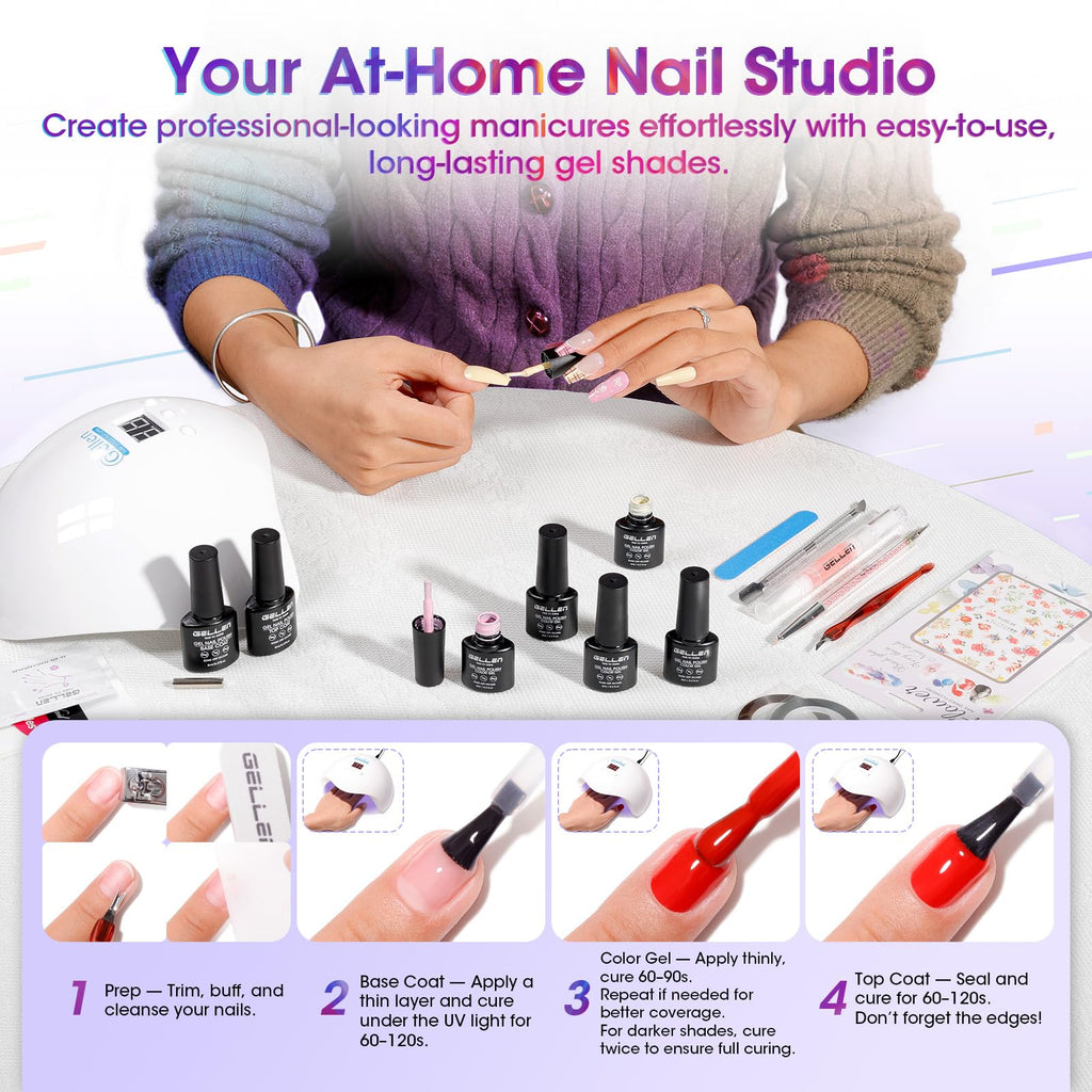 GELLEN 71-Piece Gel Nail Kit with 54W UV/LED Lamp — 32 Colors, Base & Top Coats, Home Salon Pro Set