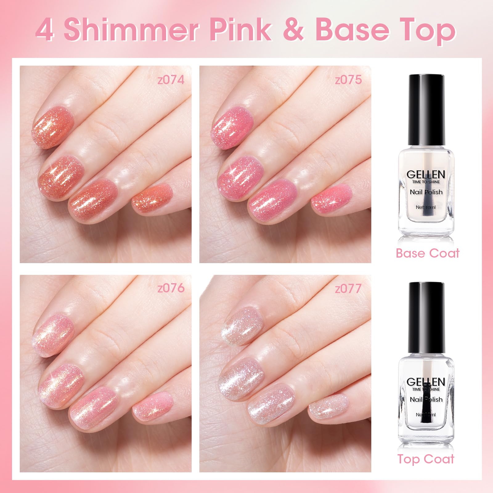 GELLEN Sheer Shimmer Pink Nail Polish & Clear Base Top Coat – 6-Piece Set, Quick-Dry, 4-Free