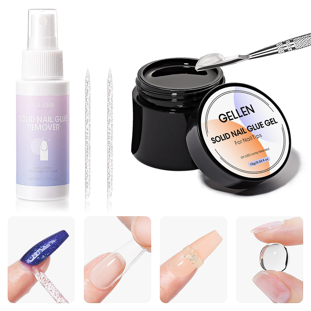 GELLEN Solid Nail Glue Set with Remover – 60ml Remover, 15g Gel for Tips & Press-Ons
