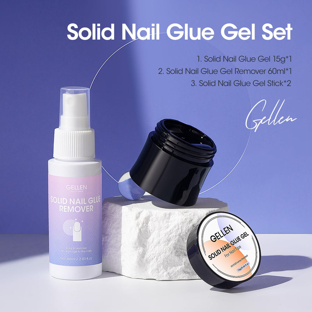 GELLEN Solid Nail Glue Set with Remover – 60ml Remover, 15g Gel for Tips & Press-Ons