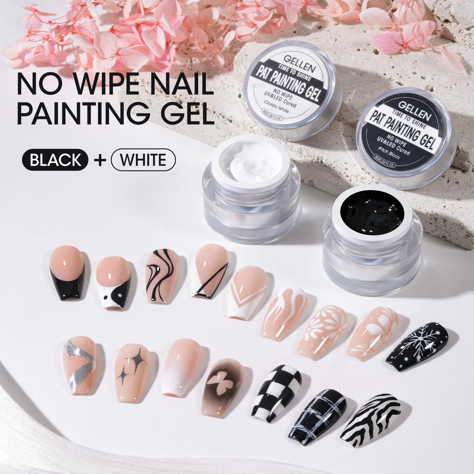 GELLEN Nail Painting Gel 2Pcs 8g – Black & White No-Wipe Nail Art Gel for Liner, Florals & French