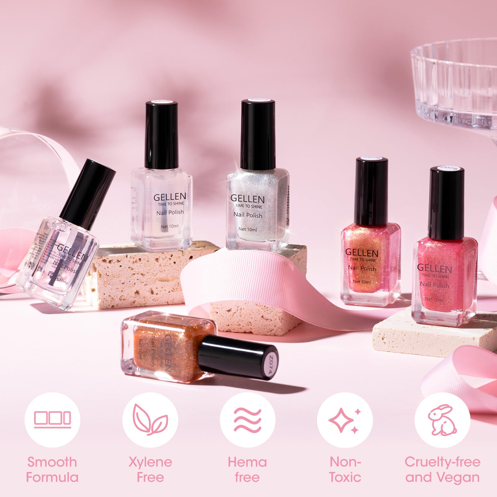 GELLEN Sheer Shimmer Pink Nail Polish & Clear Base Top Coat – 6-Piece Set, Quick-Dry, 4-Free