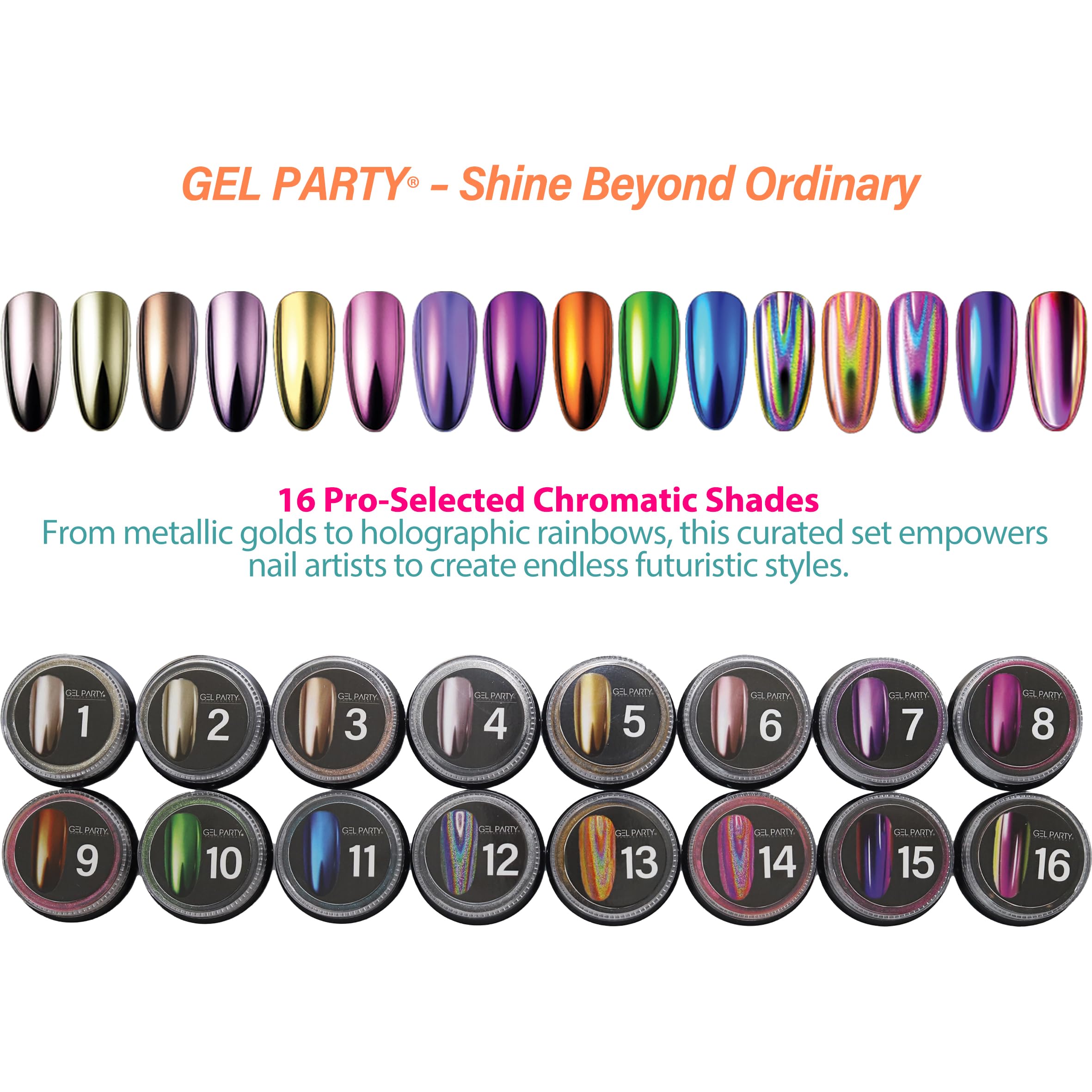 GEL PARTY GELPARTY 16 Colors Chrome Nail Powder Set – Mirror & Holographic Finish
