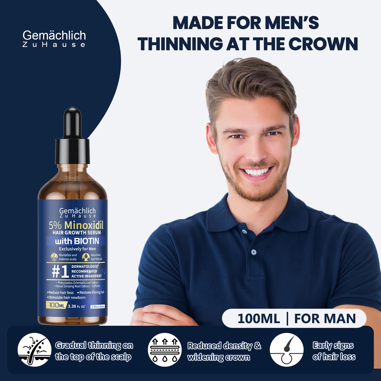Gemächlich Zu Hause 5% Minoxidil for Men – Biotin, Rosemary & Caffeine, 100ml