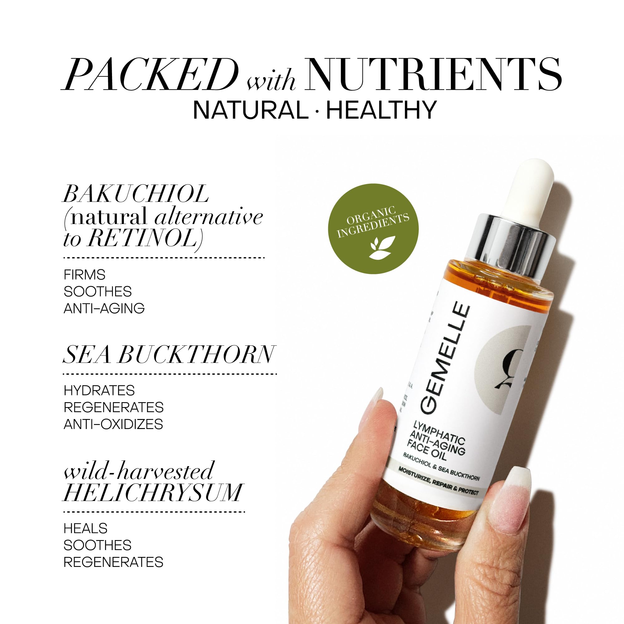 GEMELLE Lymphatic Anti-Aging Face Oil | Travel 15ml, Bakuchiol, Sea Buckthorn, Vitamins C, E & A