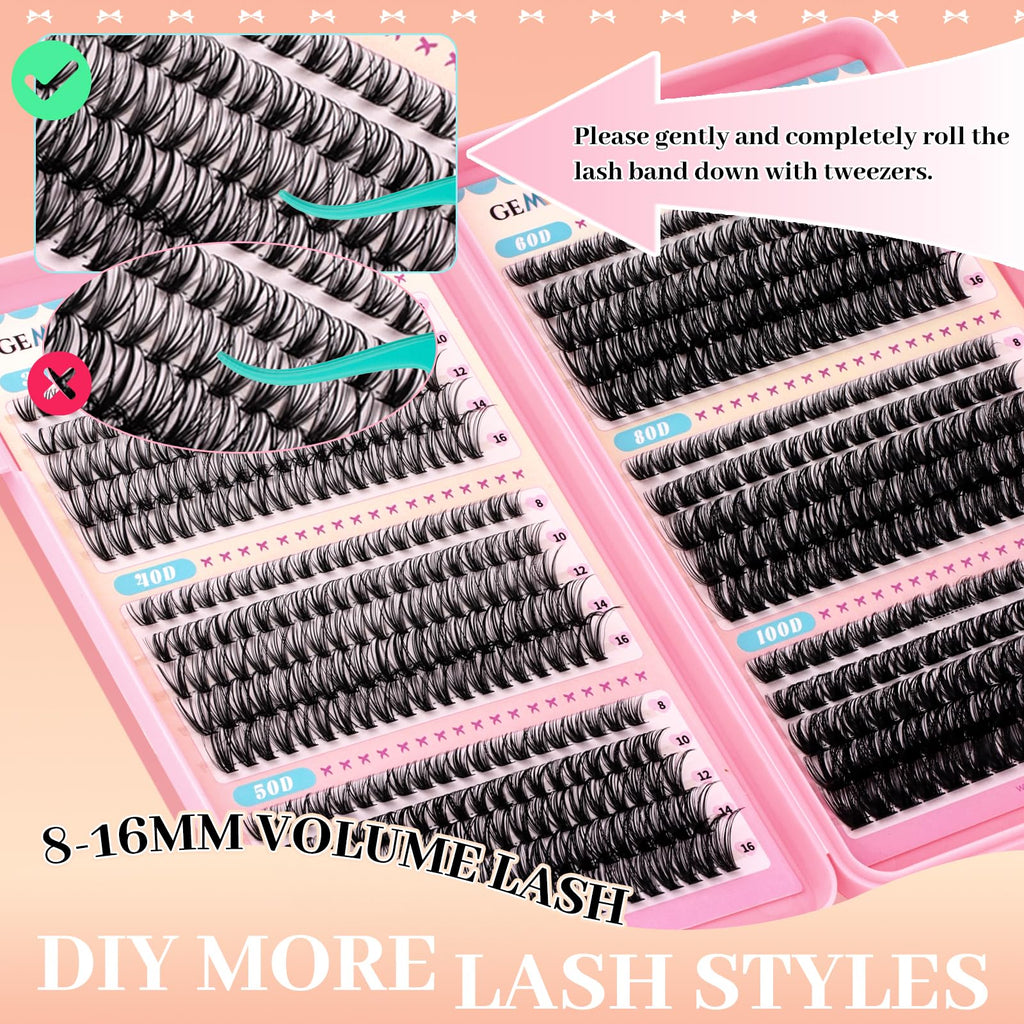 GEMERRY 565Pcs Lash Clusters D Curl Volume Kit – DIY Eyelashes (8-16mm, 30D-100D)
