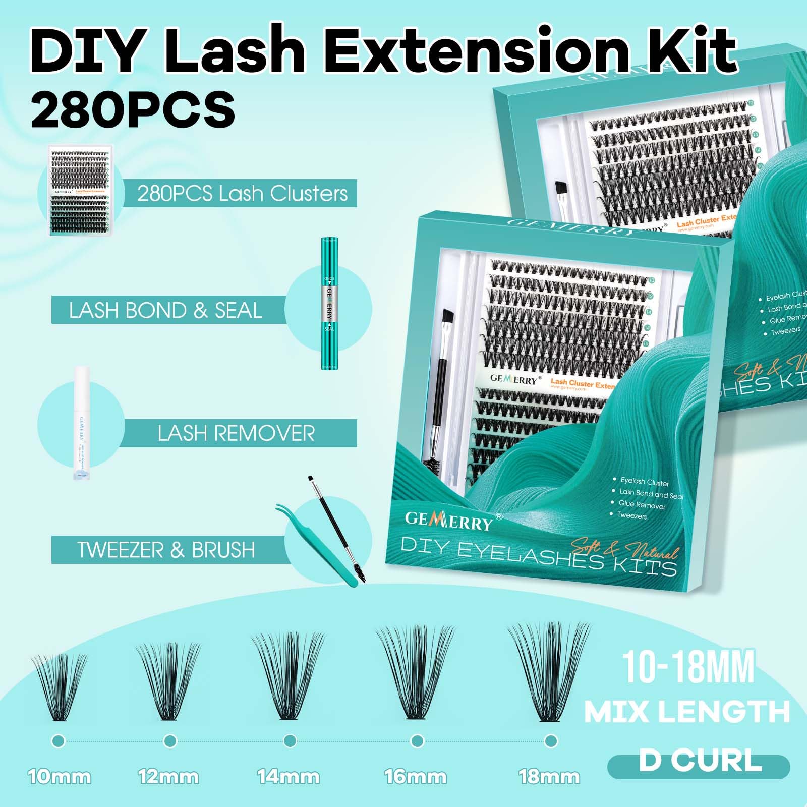 GEMERRY Lash Extension Kit 30D+40D Clusters | 280pcs, 10-18mm, Bond & Seal, Remover, Tweezers & Brush