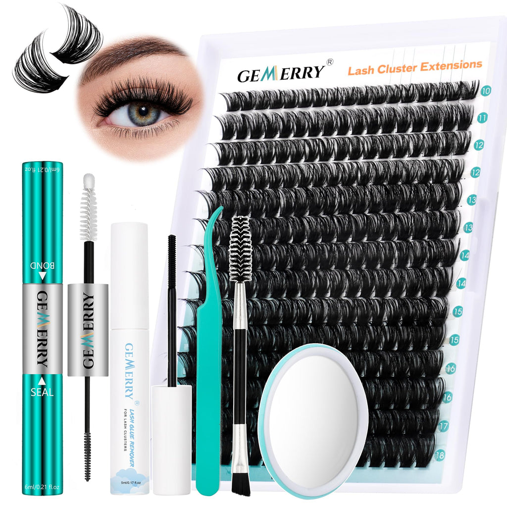 GEMERRY Fluffy Lash Extension Kit – DIY Lash Clusters (280Pcs, D Curl, 80P-10-18mm) with Bond & Seal