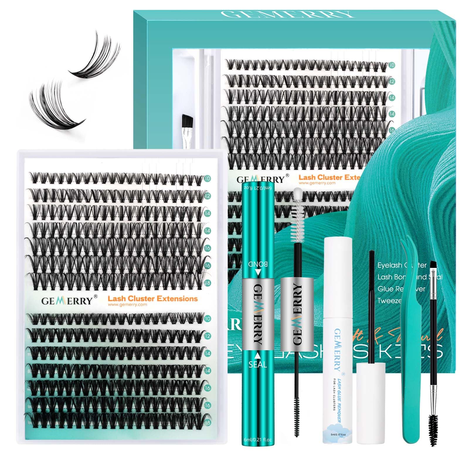 GEMERRY Lash Extension Kit 30D+40D Clusters | 280pcs, 10-18mm, Bond & Seal, Remover, Tweezers & Brush