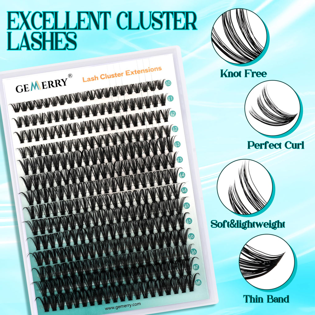 GEMERRY Fluffy Lash Extension Kit – DIY Lash Clusters (280Pcs, D Curl, 80P-10-18mm) with Bond & Seal