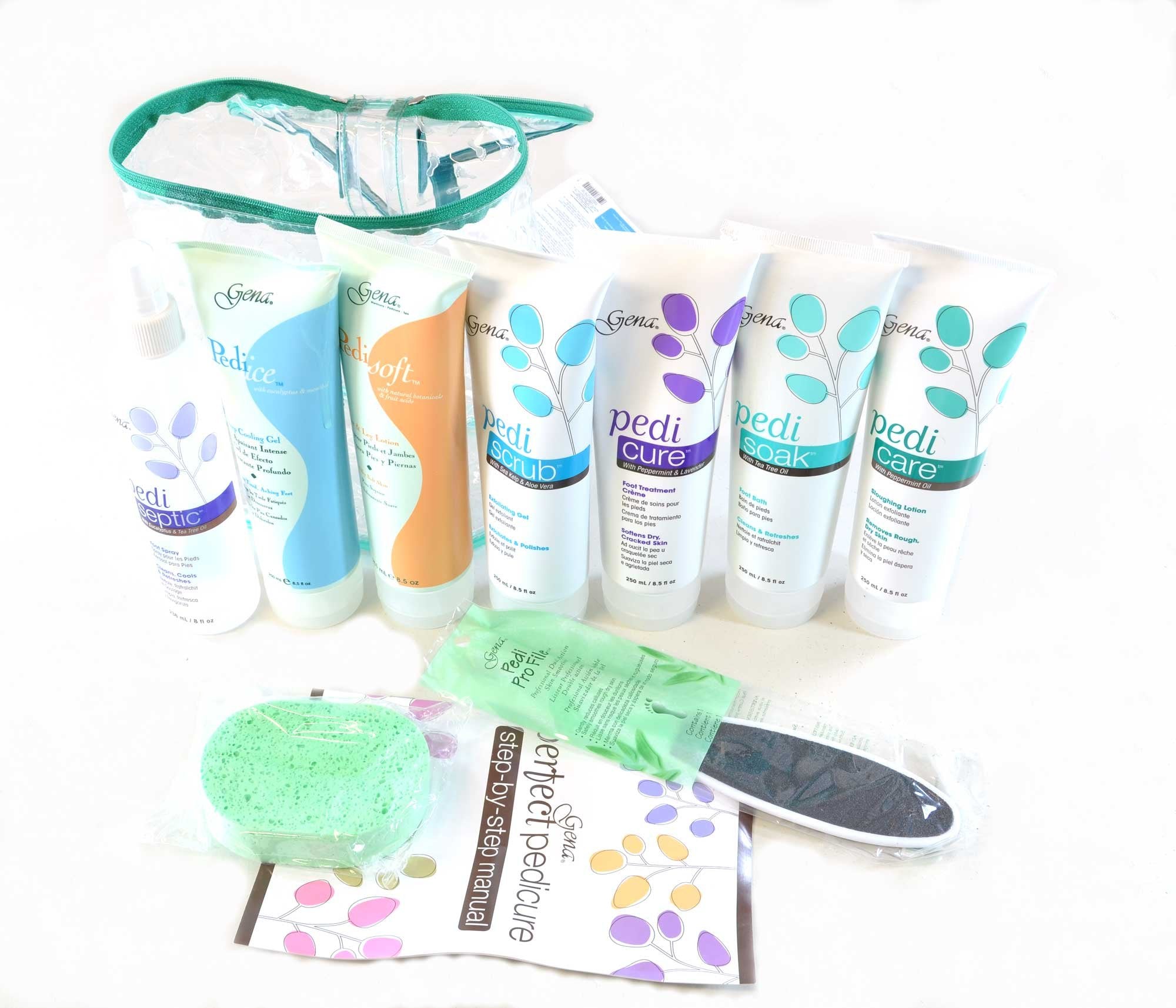 Gena Pedi Pak Intro Kit – 7-Piece At-Home Pedicure Set with Soak, Scrub, Pumice Stone & Tote