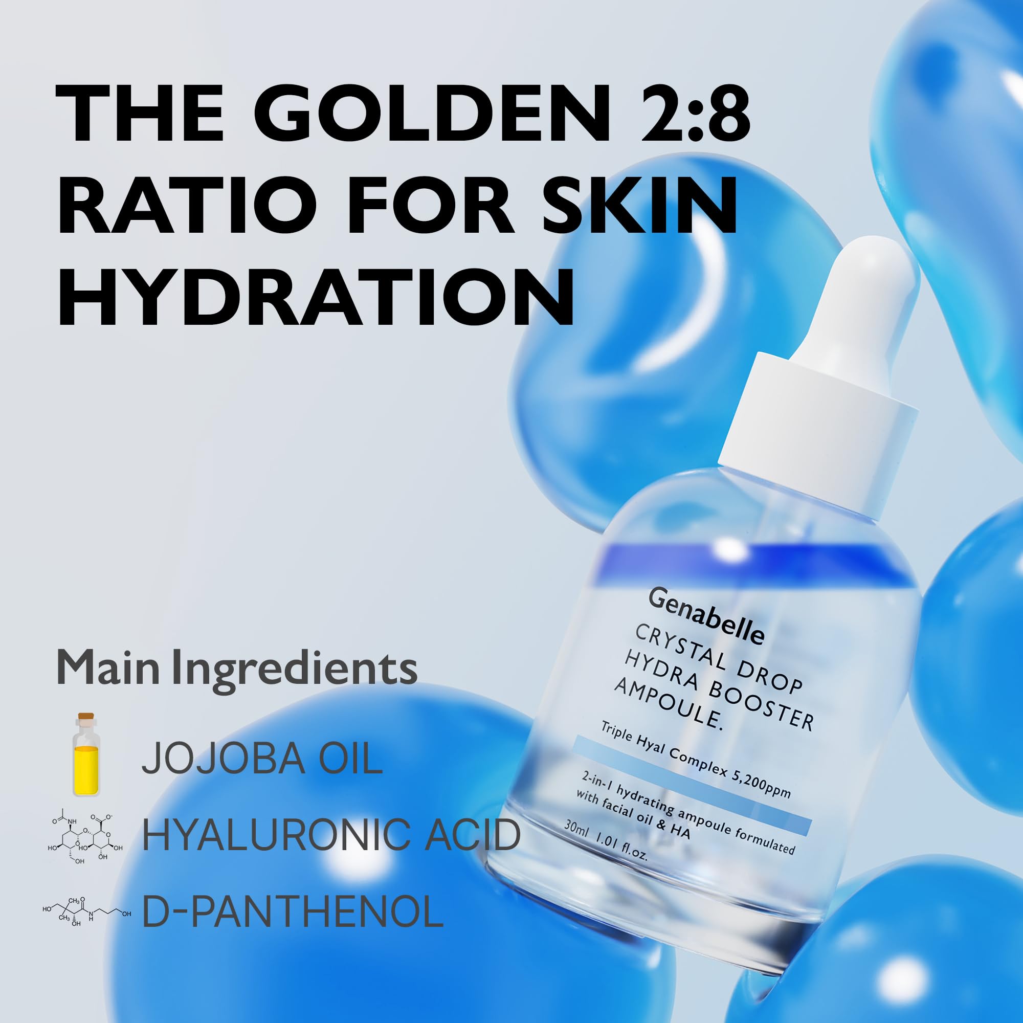 Genabelle Crystal Drop Hydra Booster Ampoule – Hyaluronic Acid Serum with Jojoba Oil & Panthenol | 1.01 fl oz