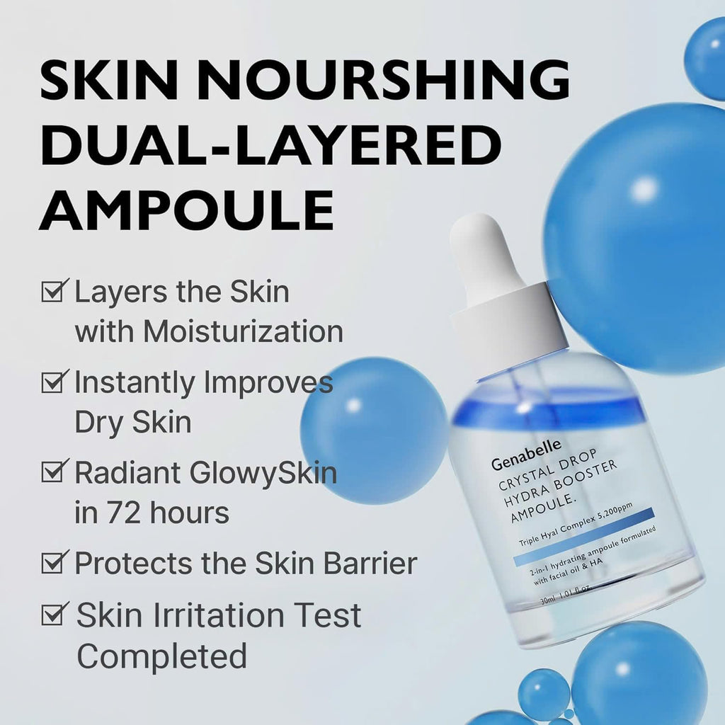 Genabelle Crystal Drop Hydra Booster Ampoule – Hyaluronic Acid Serum with Jojoba Oil & Panthenol | 1.01 fl oz