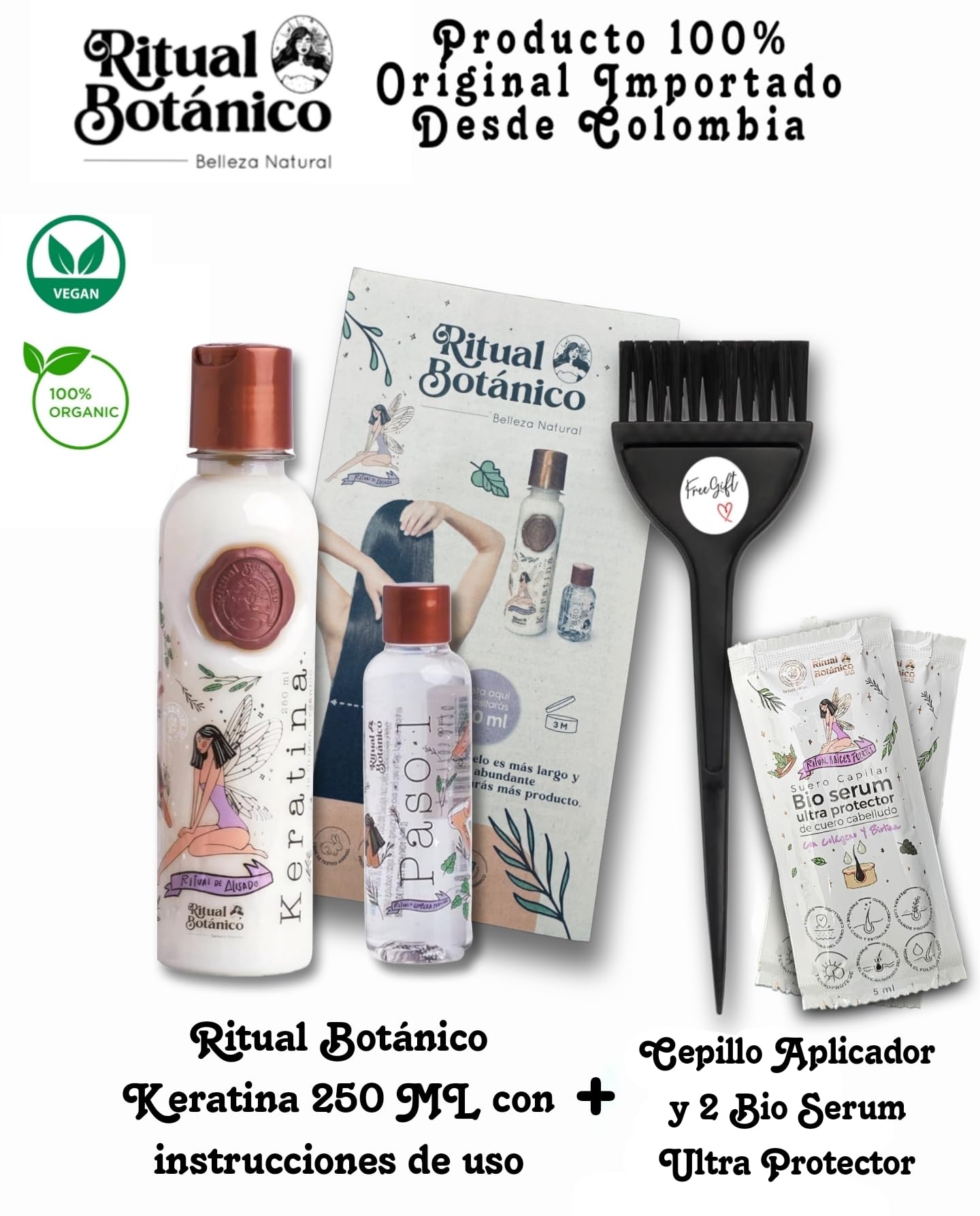 Botanical Origin Organic Keratin 250ml – 12 Natural Oils, Vegan Smoothing Includes Brush & 2 Bio Serums