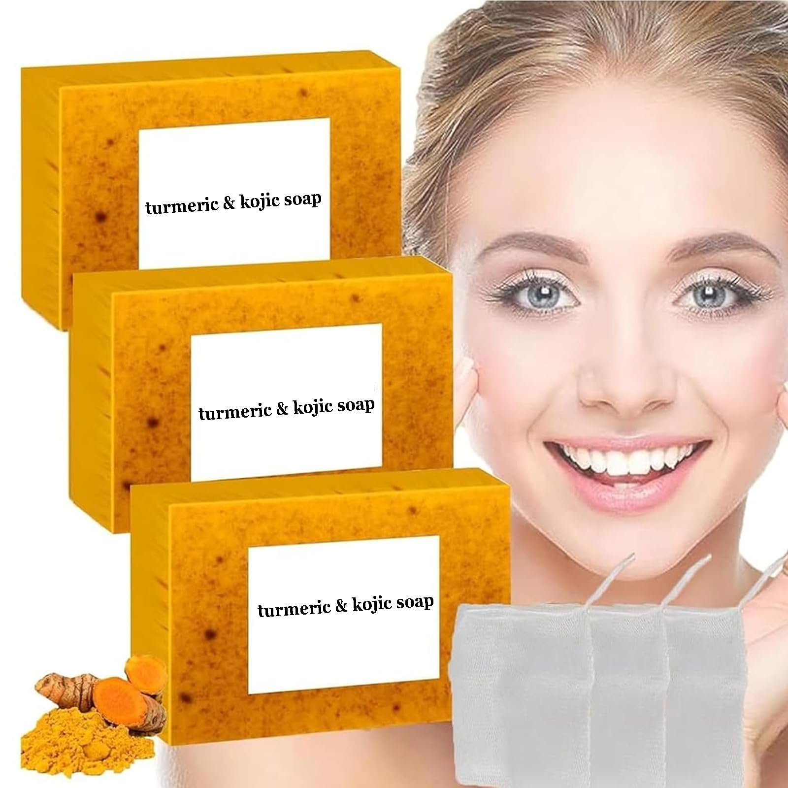 Generic Lemon Turmeric Kojic Soap 3-Piece Set with Bubble Nets