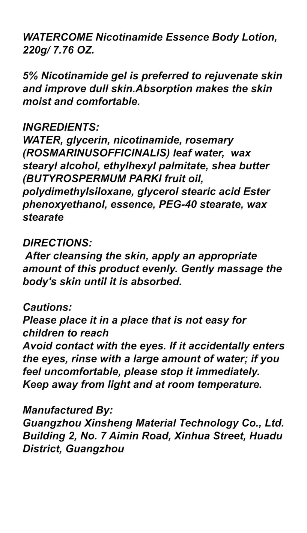 Generic Watercome Perfumed Nicotinamide Body Lotion 220g | Silky Hydration for Even Skin