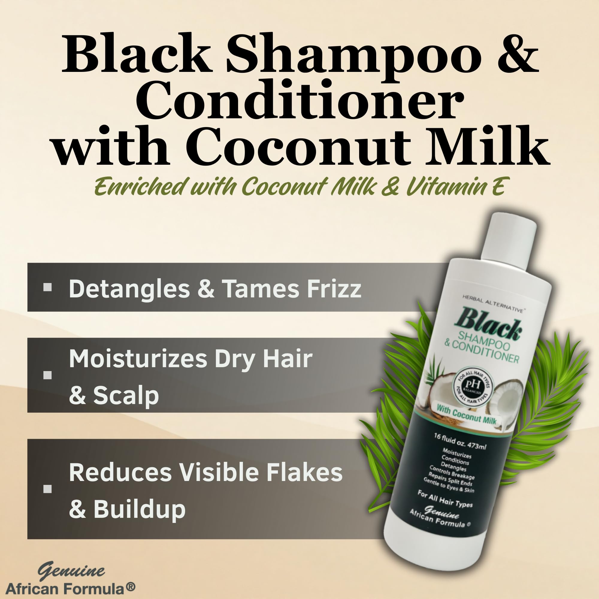 Genuine African Formula Black Shampoo & Conditioner with Coconut Milk | 16oz 2-in-1 Moisturizing Hair Care