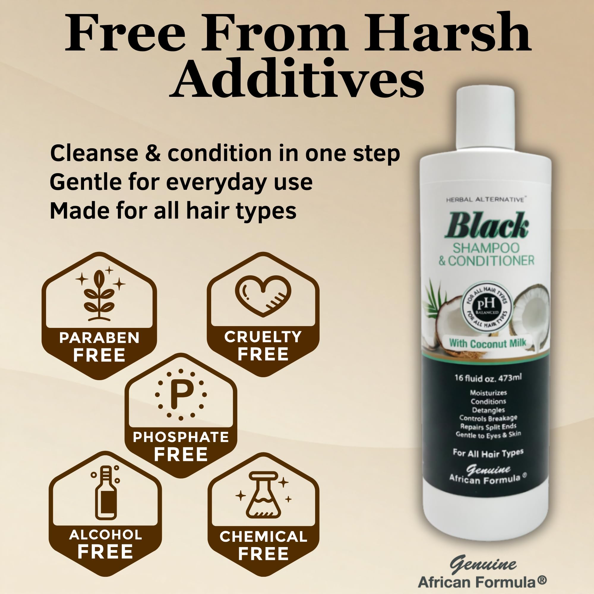 Genuine African Formula Black Shampoo & Conditioner with Coconut Milk | 16oz 2-in-1 Moisturizing Hair Care