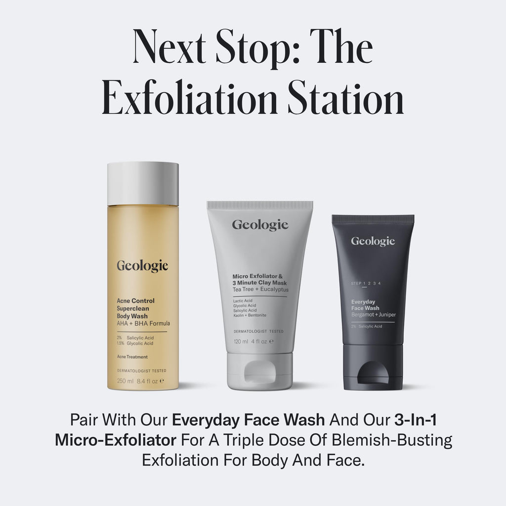 Geologie Acne Control Body Wash | Exfoliating AHA + BHA Cleanser for Back